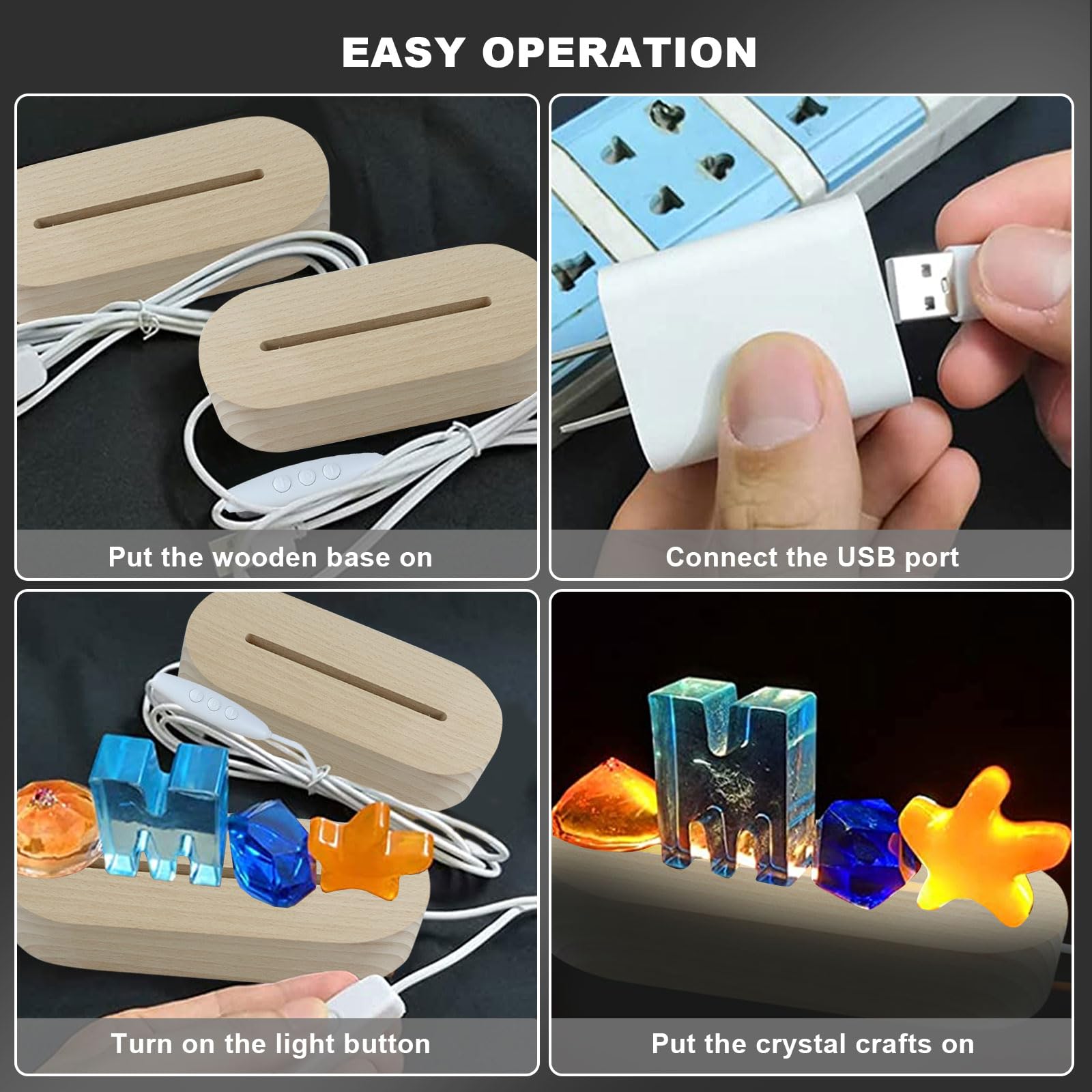 Lot De 2 Bases Lumineuses LED En Bois, 7 Couleurs De Luminosité Réglables, Base Rectangulaire En Bois Pour Acrylique, Cristal, Verre, Résine, Art