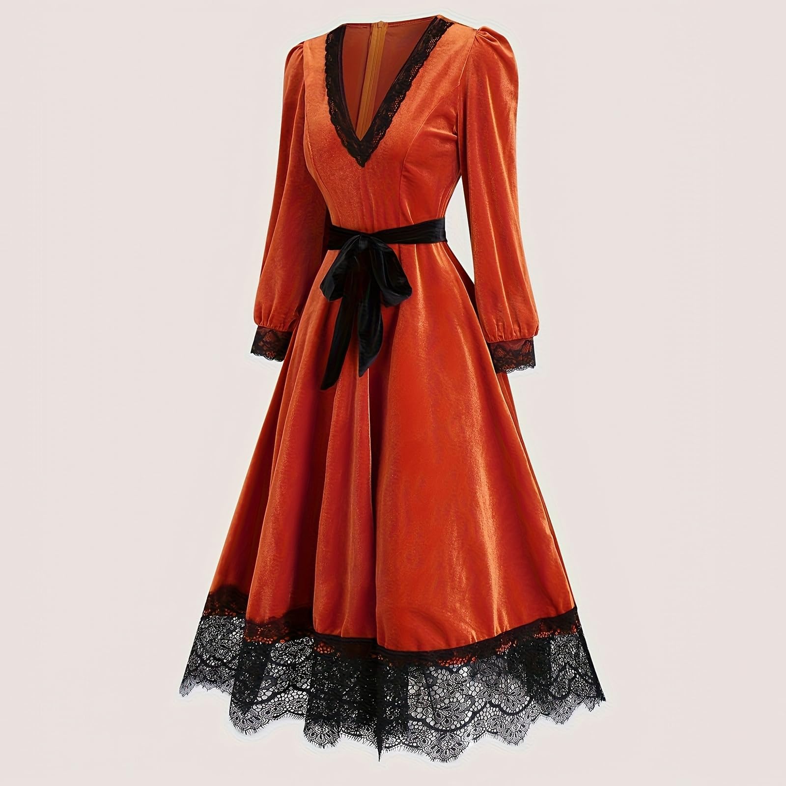 Generisch Robe d'Halloween en velours pour femme avec col en V et ourlet en dentelle