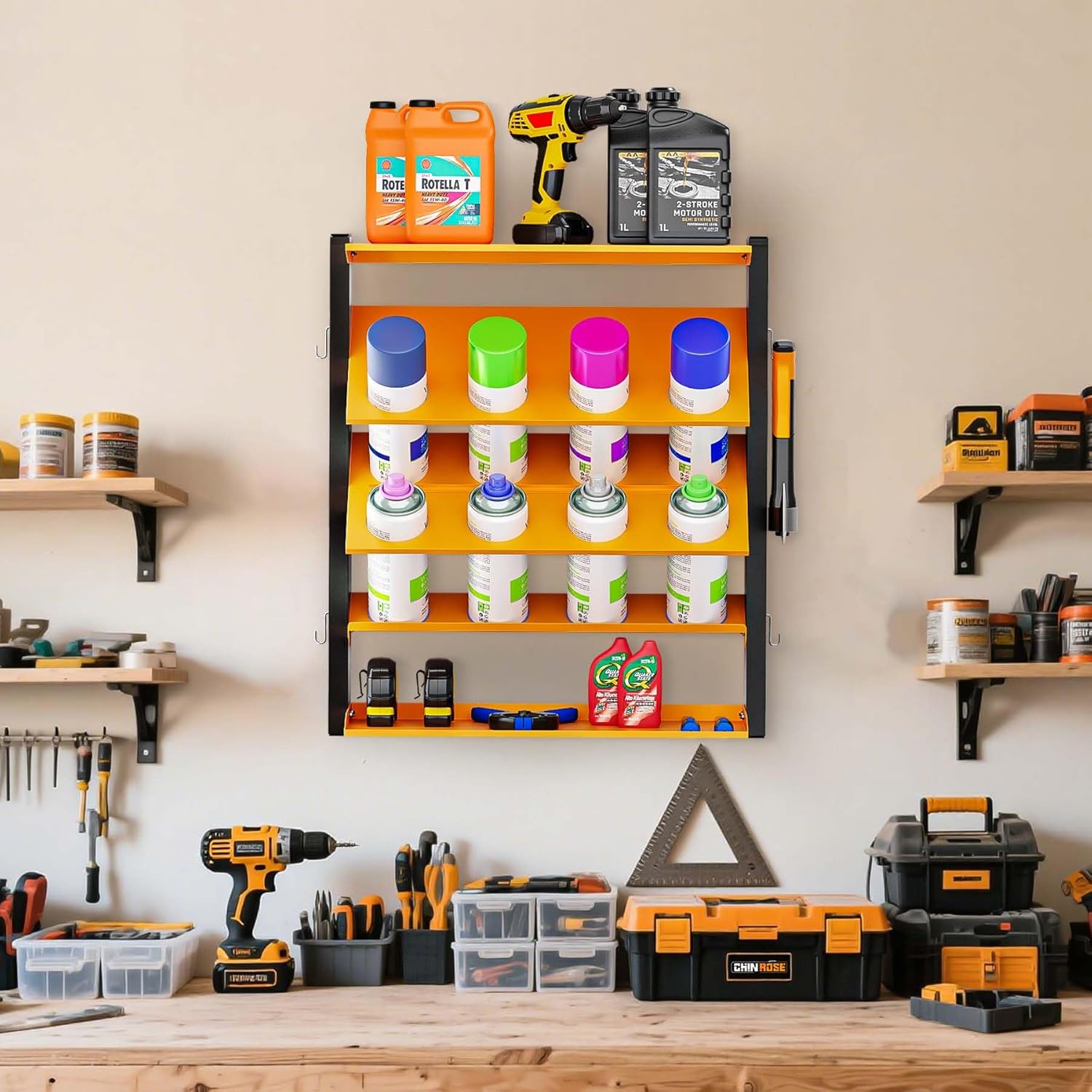 Wall Mount Spray Paint Can Holder with 2 storage shelves and 4 side hooks Spray Can Organizer Holds Heavy Duty Metal Spray Can Holder for Garage, Home, Shop