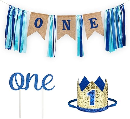 Miniatura 1 de Decoraciones de primer cumpleaños para niño con pancarta de arpillera para silla alta, decoración de pastel, corona de sombrero azul para fiesta de