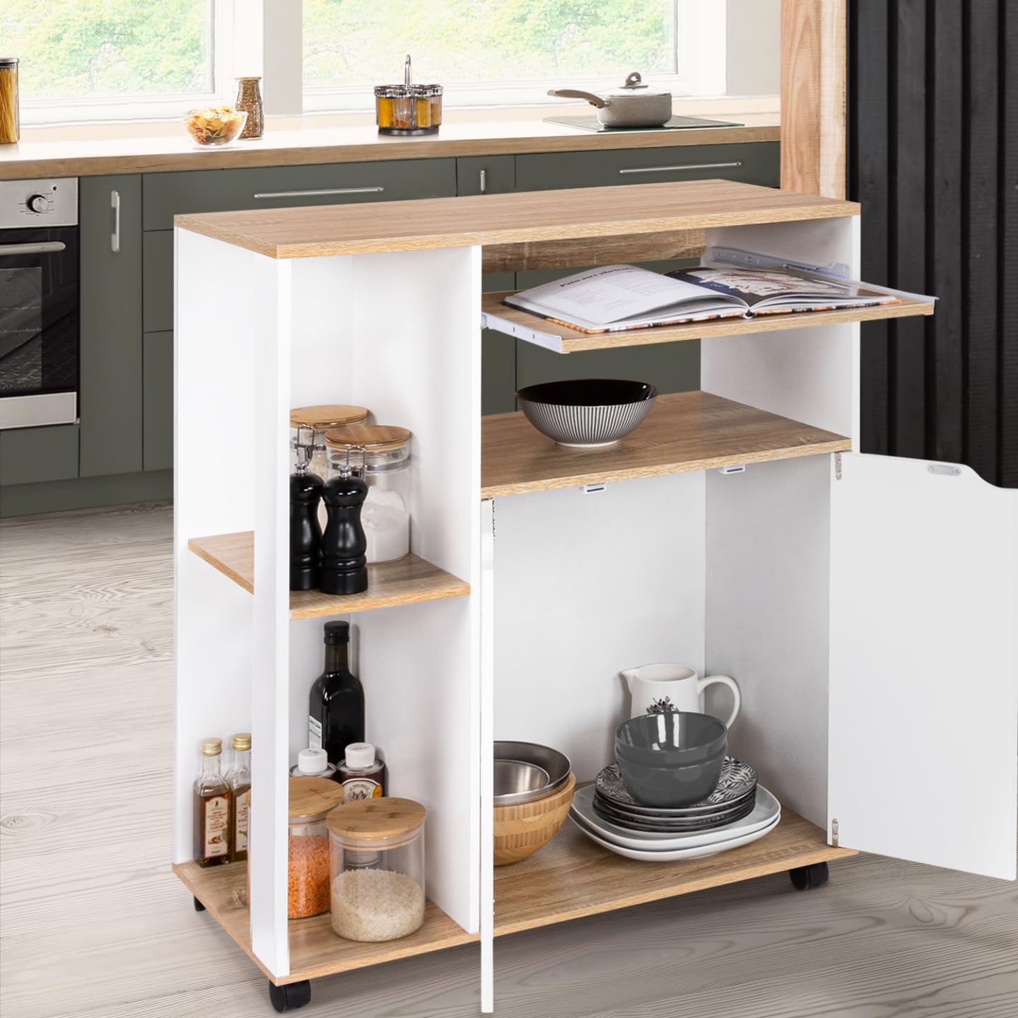 IDMarket - Desserte de cuisine COSI bois blanc et plateaux façon hêtre L.76 CM