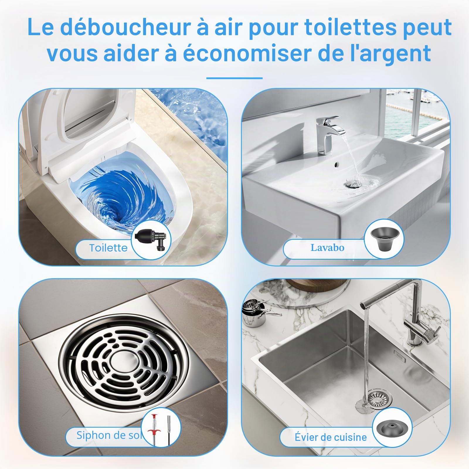 Déboucheur de canalisations à air comprimé, pompe avec indicateur de pression d'air, pompe de nettoyage de canalisations à air comprimé avec 4 ventouses, gants et pince à griffes, pour WC, toilettes