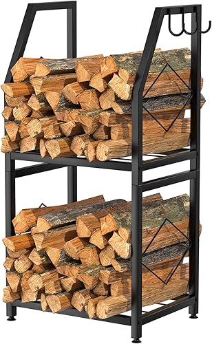 Estante de leña para interior, soporte de leña de 2 niveles con 3 ganchos para colgar, estante de madera resistente para patio al aire libre, color