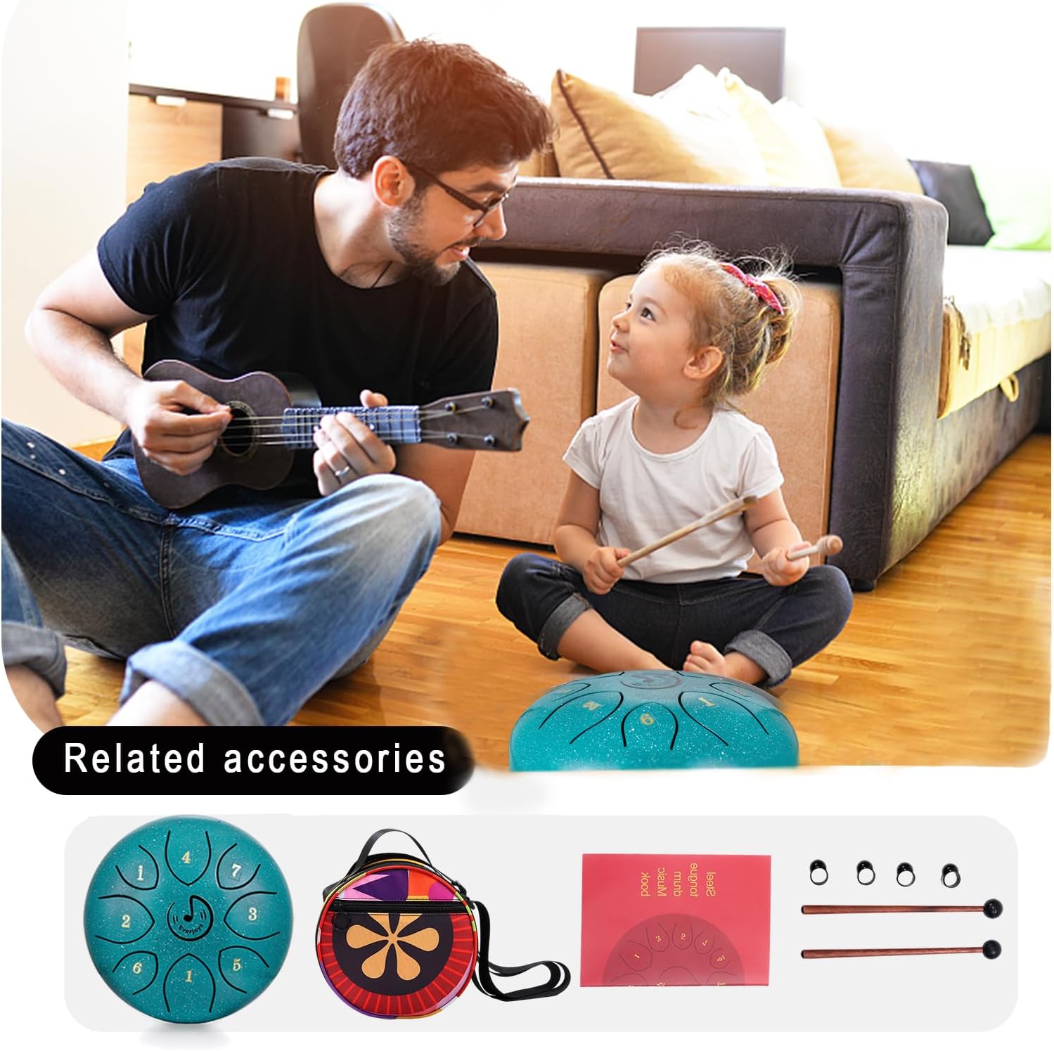 Rain Drum for Garden Steel Tongue Drum 8 Notes 6 Inches, Handpan w/Gig Bag, Music Book, Mallets and Finger Paddles for Kids Adult and Beginner