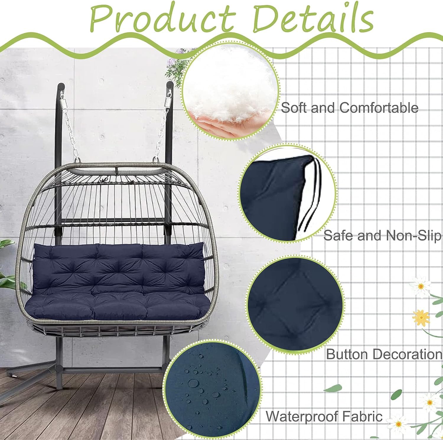 Porch Swing Cushions, 2-3 Seater Waterproof Bench Cushion, Outdoor Swing Cushions with Ties, for Outdoor Patio Garden Furniture (Color : Navy Blue, Size : 60 * 40inch/150 * 100 * 10cm)