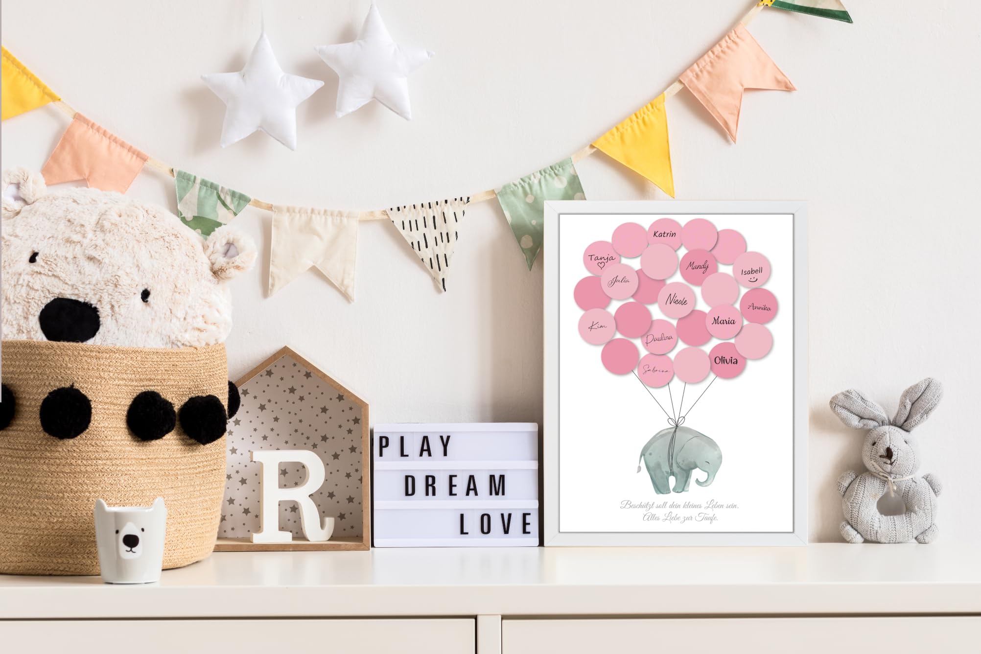 Christening Guest Book Baby Shower Set Guest Gift Puller Party Memorabilia / Keepsake Writeable / Fingerprint with Picture Frame (White Elephant Pink) - Image 3