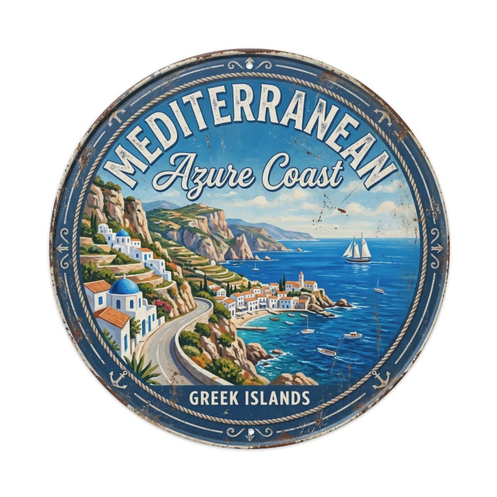Vintage Travel Coastline Mediterranean Azure Metal Tin Sign Plaque Wall Decor for Cafe, Club Bar, Office, Home Garden Round Metal Poster 8x8Inch