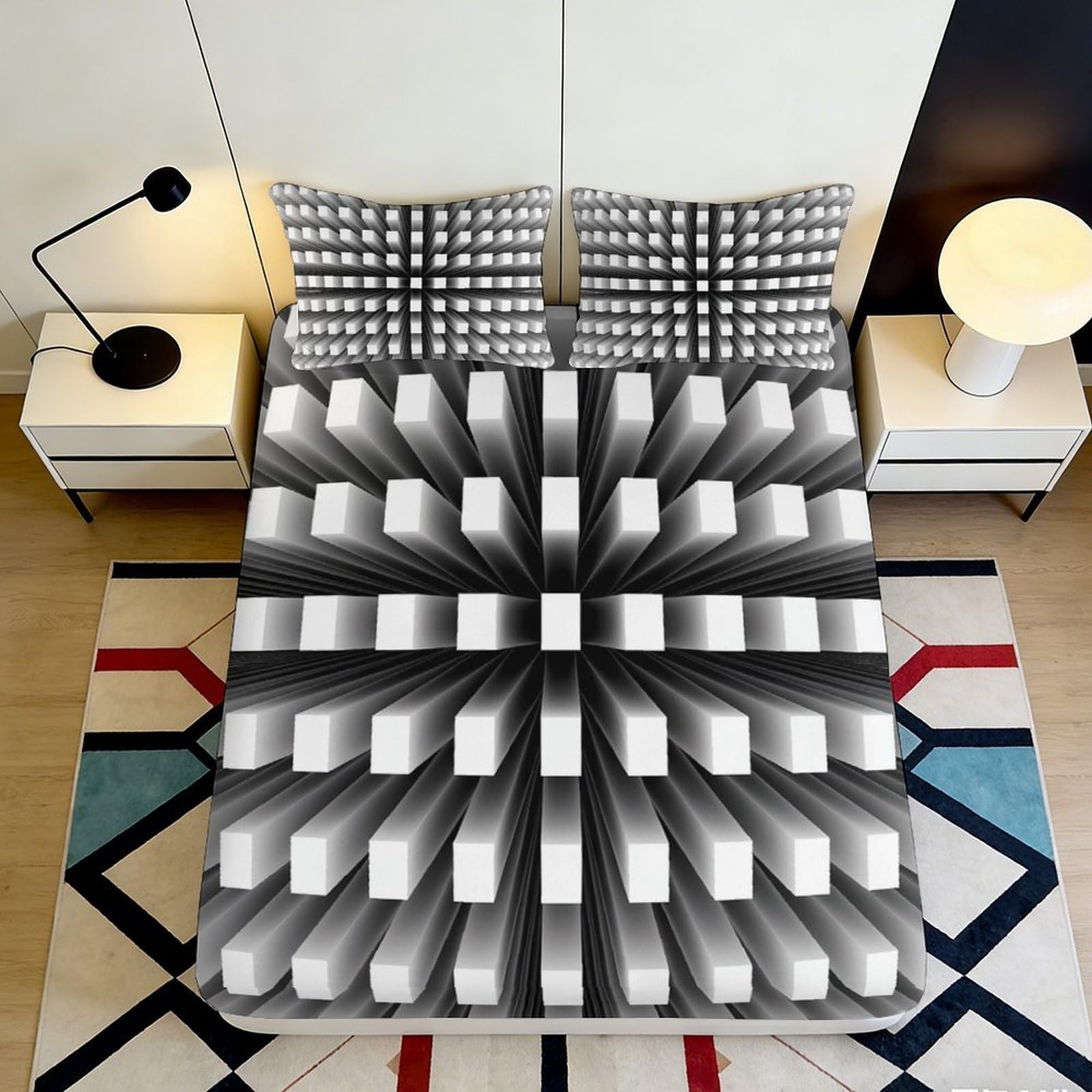 3D Printed Geometric Blocks Fitted Sheet Microfiber Soft Durable 3D Optical Illusion Mattress Cover for Bedroom Dormitory Guest Room Protection 180x200x25cm