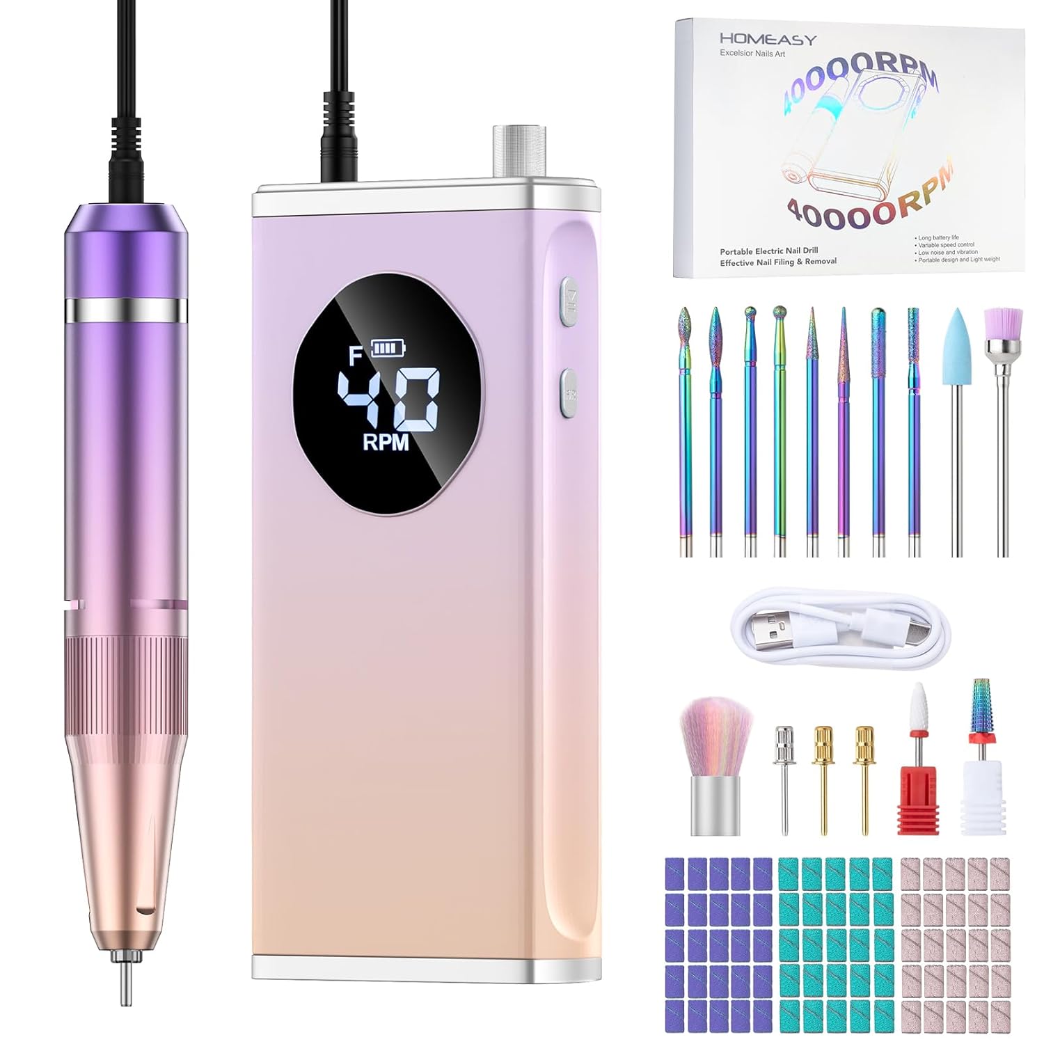 Electric Nail Drill, 40000RPM Professional E-Filer Rechargeable with 15 Drill Bits, Portable Nail File Electric Nail Filer for Acrylic Nails Gel Polishing Removing for Salon Home (Purple) Electric Nail Drill, 40000RPM Professional E-Filer Rechargeable with 15 Drill Bits, Portable Nail File Electric Nail Filer for Acrylic Nails Gel Polishing Removing for Salon Home (Purple)