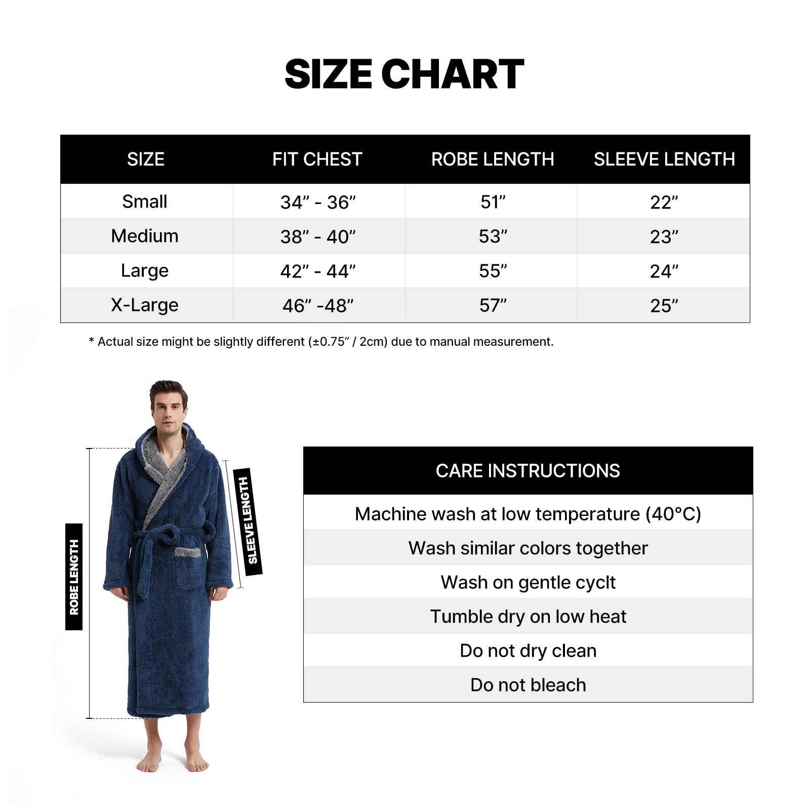 Akakios Men's Soft Plush Fleece Robe with Hood - Full Length Luxury Bathrobe with Pockets, Big and Tall Bath Robe for Men, Navy Blue, Large 4