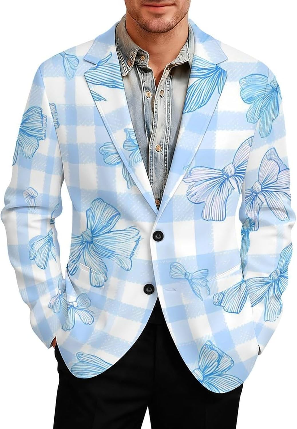 Bows Gingham Checkered Mens Blazer Two Button Lightweight Sport Coats Suit Business Jacket