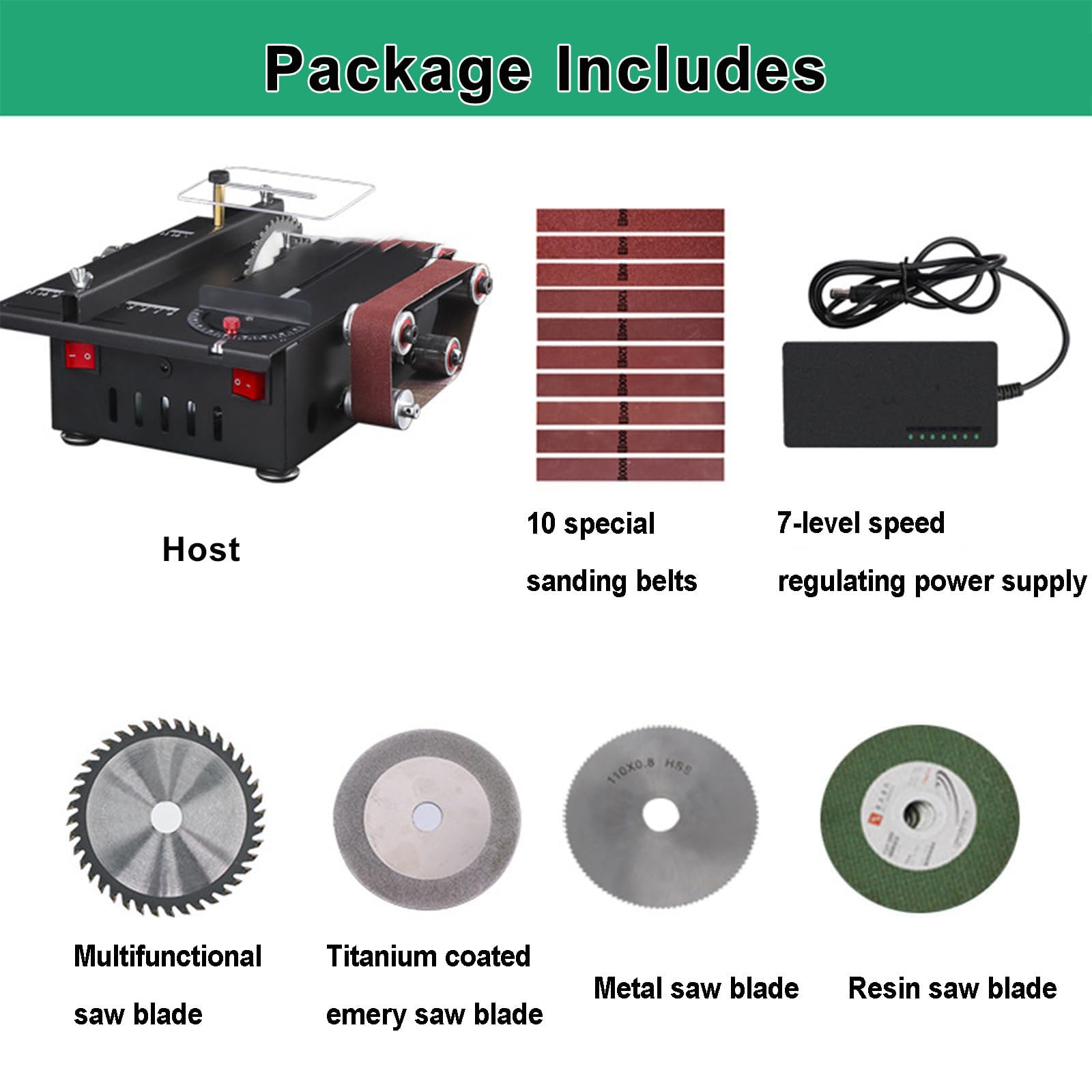 Zestaw mini piły stołowej i szlifierki taśmowej 600 W, łącznie z 10 taśmami szlifierskimi i 4 ostrzami tnącymi, maksymalna głębokość cięcia 30 mm, cięcie drewna, kamienia, bambusa i tworzyw sztucznych