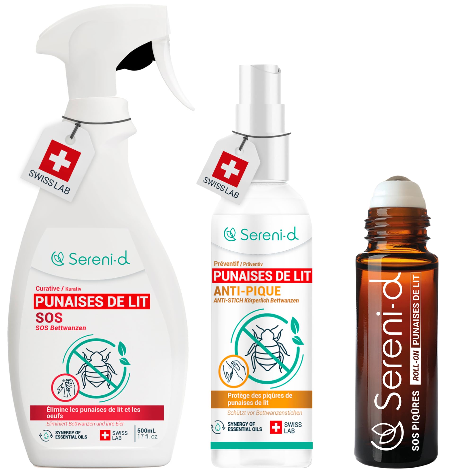 SOS PUNAISES DE LIT TRAITEMENT CHOC - COMBO PACK - Spray Insecticide CHOC + Anti-Pique Corporel + ROLL-ON Apaisant en cas de piqûres - Aux huilles essentielles - ACTION FOUDROYANTE - Swiss Lab