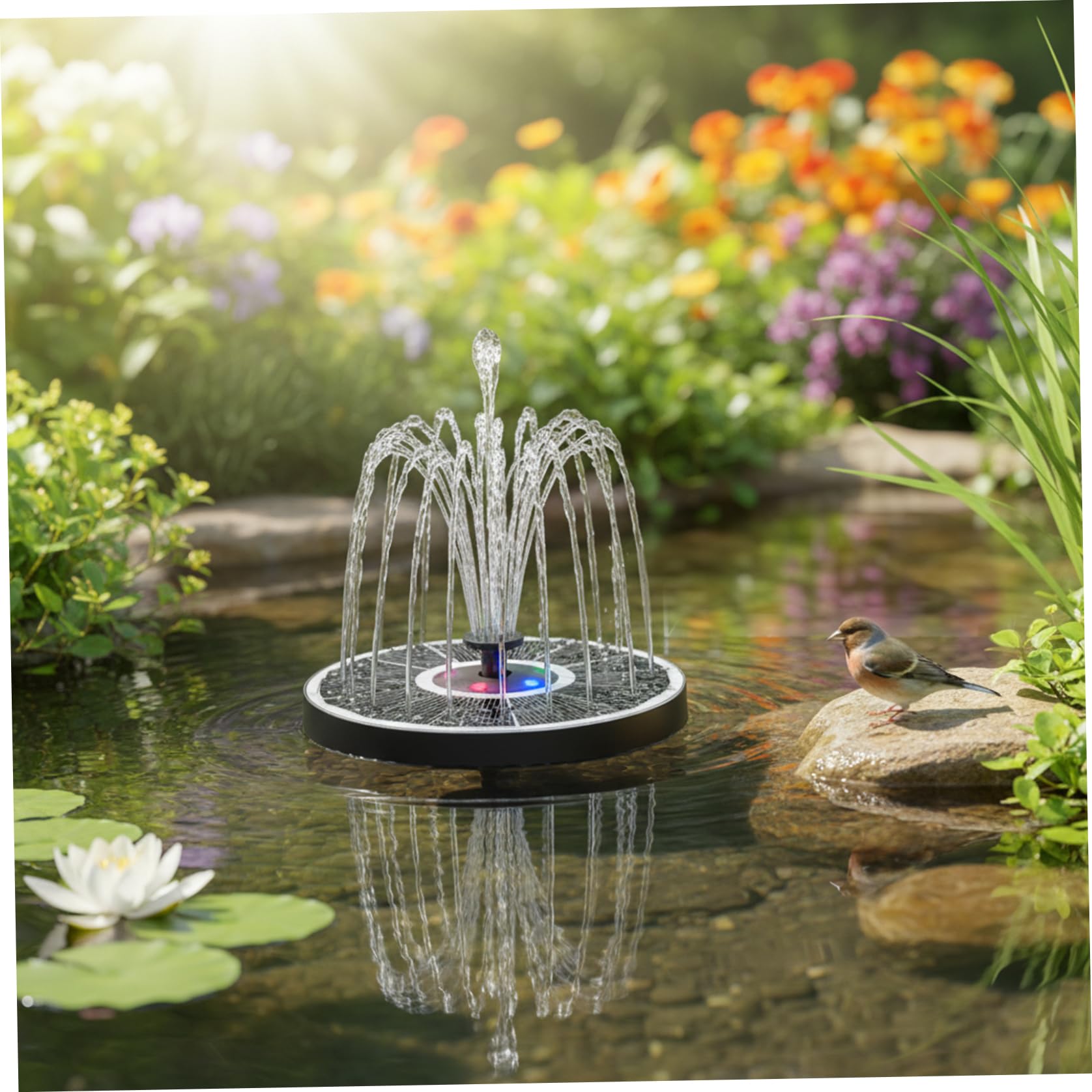 Fontana ad energia solare da 16 pollici con luci LED colorate Fontana galleggiante RGB con 6 ugelli spray per il bagno degli uccelli Decorazione da giardino all'aperto