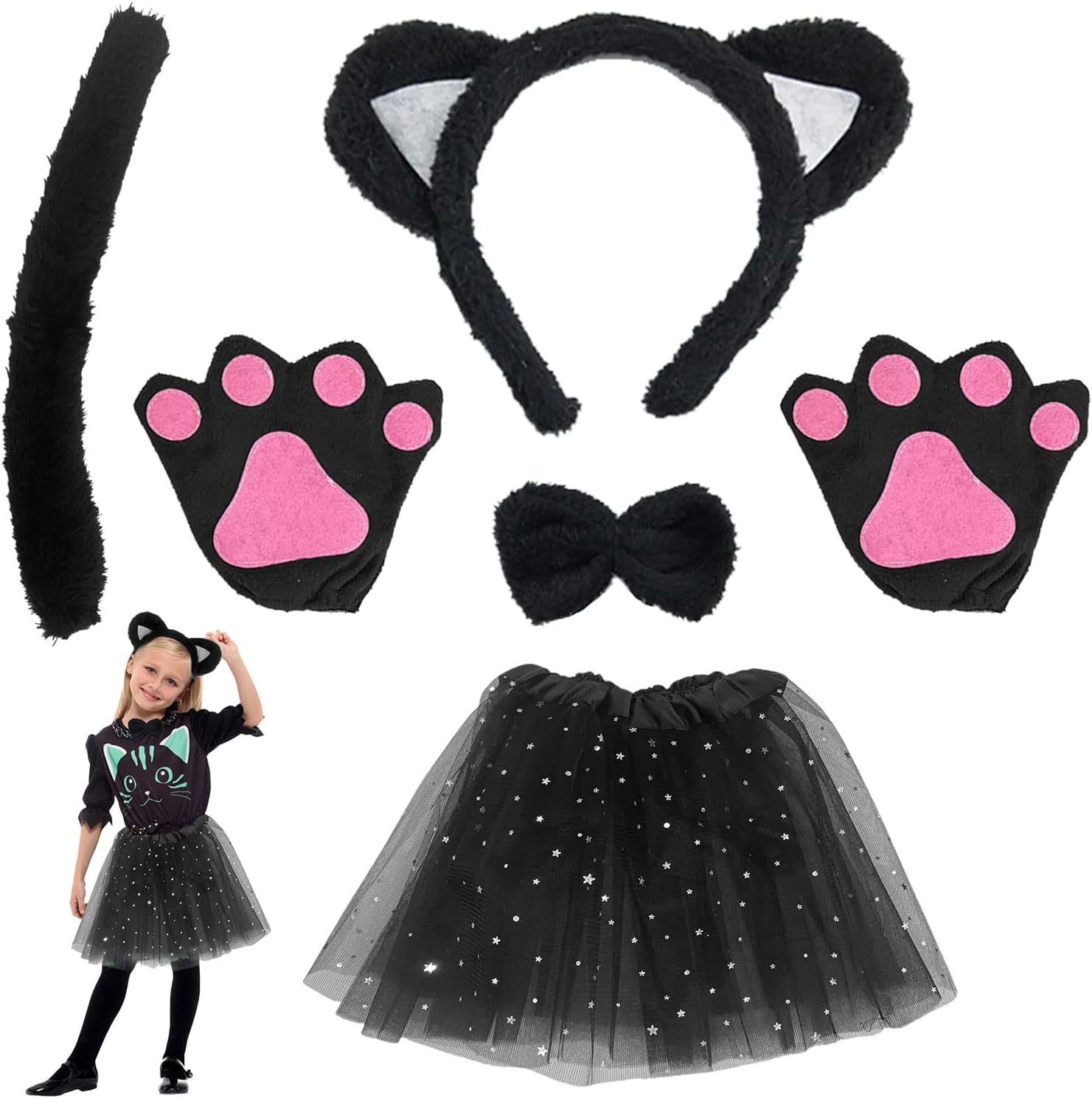 6 PCS Cat Costume Set - Cat Ears, Headband, Bowtie, Tail, Paw Gloves, Black Tutu Animal Costume for Fancy Dress Up, Cosplay, Halloween, Birthday, Carnival