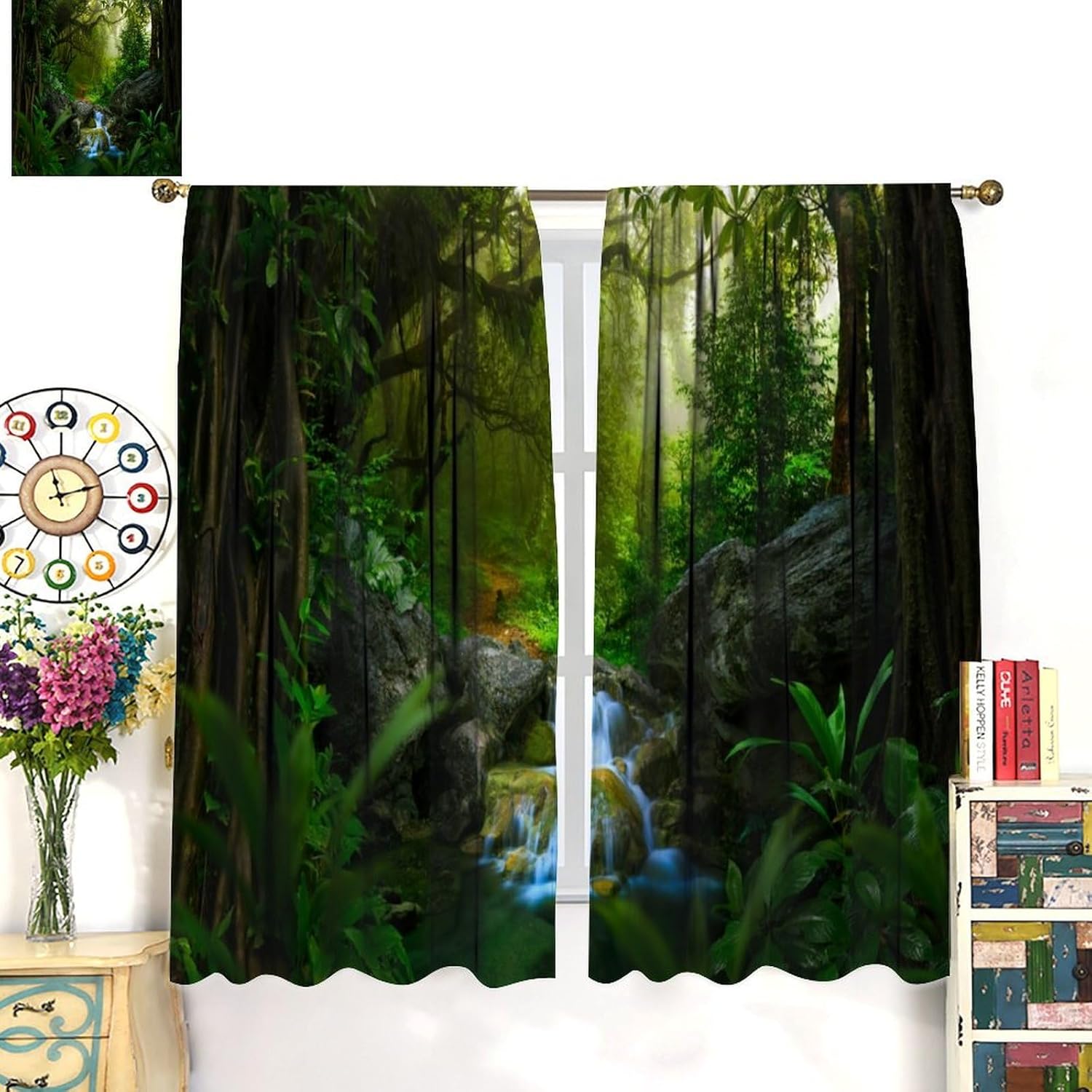 Tropical Forest Curtains Rod Pocket Nature Rainforest Waterfall Green Tree Landscape Scenery Printed Window Drapes for Bedroom Living Room Office Decor 72" W X 63" L