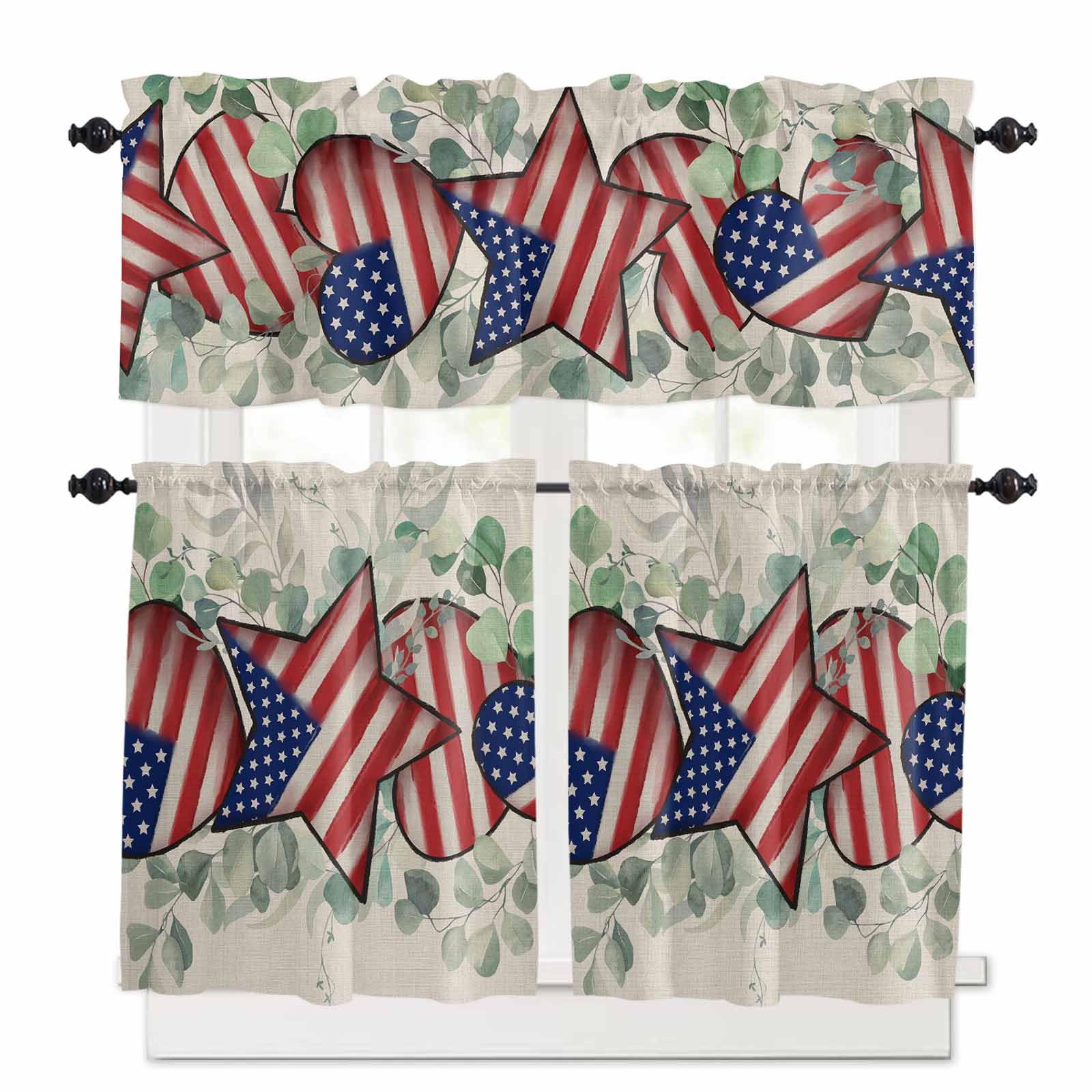 Independence Day Kitchen Curtains 24 Inch Length, 3 Piece Rod Pocket Small Half Tiers and Valance Set, Eucalyptus Vintage Star Stripe Flag Small Large Window Treatment Decor for Bedroom/Bathroom Sink
