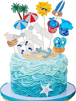 Zyozique 1 Set Hawaiian Beach Cake Decoration Summer Beach Chair and Umbrella Cake Toppers Green Palm Tree Cake Toppers for Hawaiian Theme Birthday Wedding Party Baby Shower Party Decoration Supplies