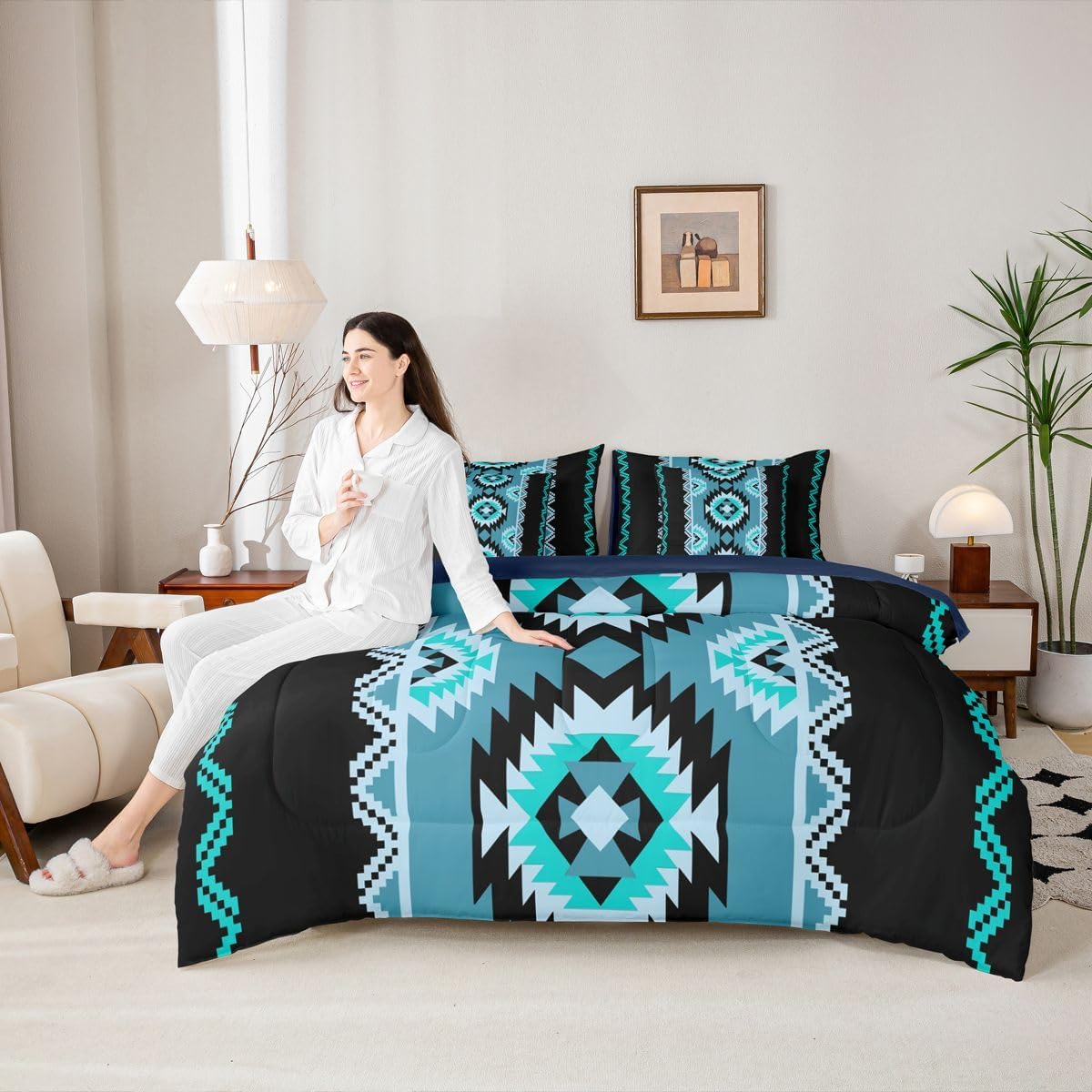 Feelyou Southwestern Aztec Comforter Set Queen Size 7 Pieces Western Tribal Aztec Native American Bedding Set Blue Boho Exotic Bed in a Bag with Comforter, Sheets, Pillowcases, Cushion Covers