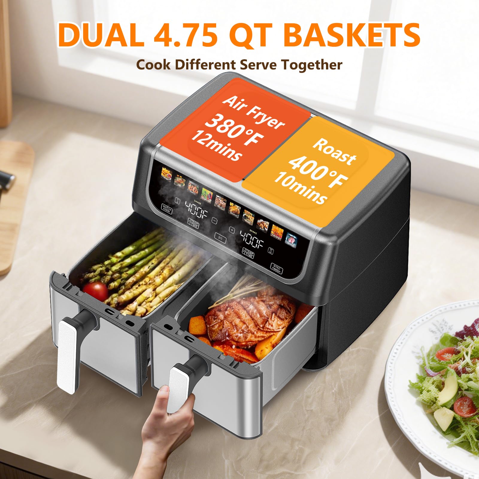 OLIXIS Dual Basket Air Fryer, 9.5 Quart Large Air Fryer with Double Basket, Independent TEMP Control, Sync Setting, Shake Reminder, 10 Presets for Bake, Broil, Defrost, Dehydrate, Black view 6