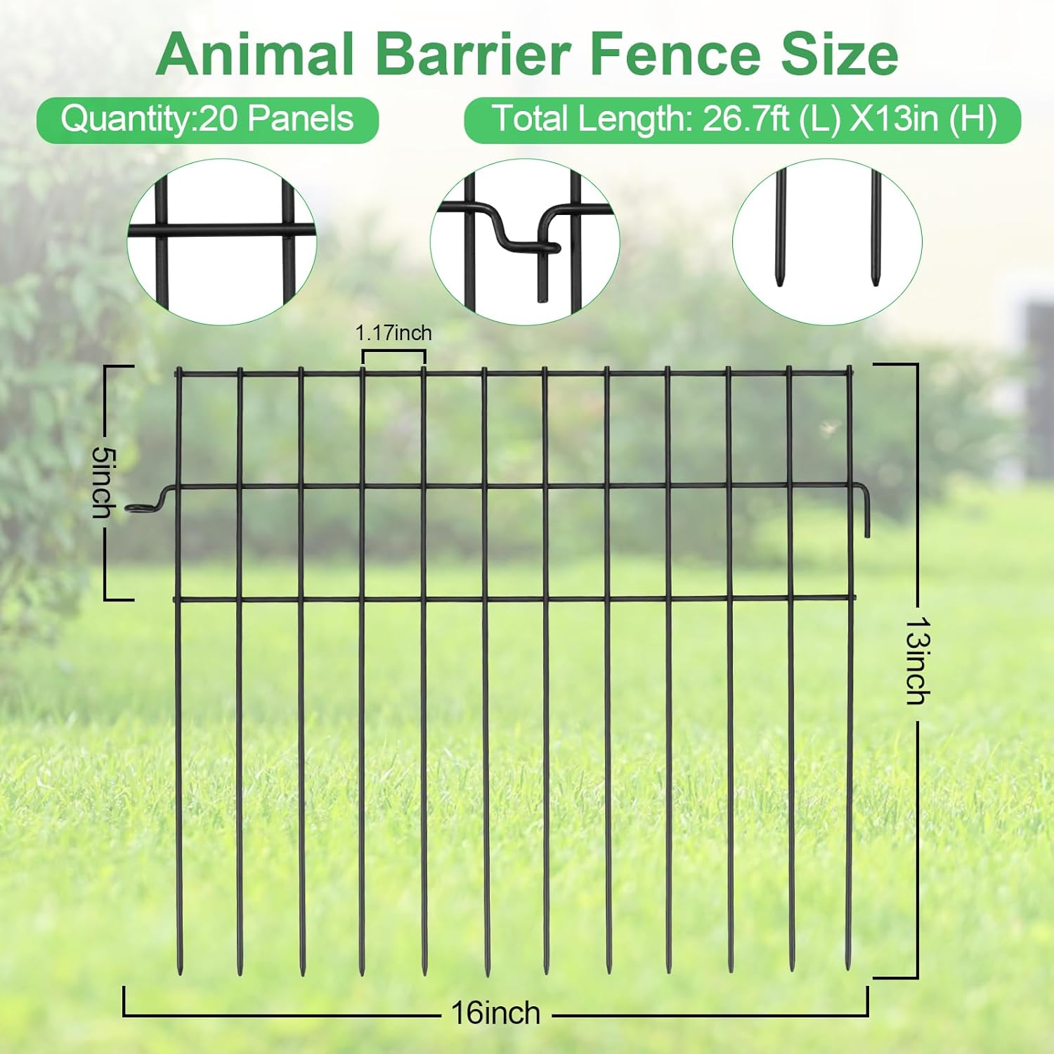 20 Panels Animal Barrier Fence, 27ft (L) X13in (H) No Dig Garden Fence for Dog Rabbit, 1.17in Gap Rustproof Metal Stakes Decorative Garden Fencing,Ground Defense Border Fence for Outdoor,Yard,Patio