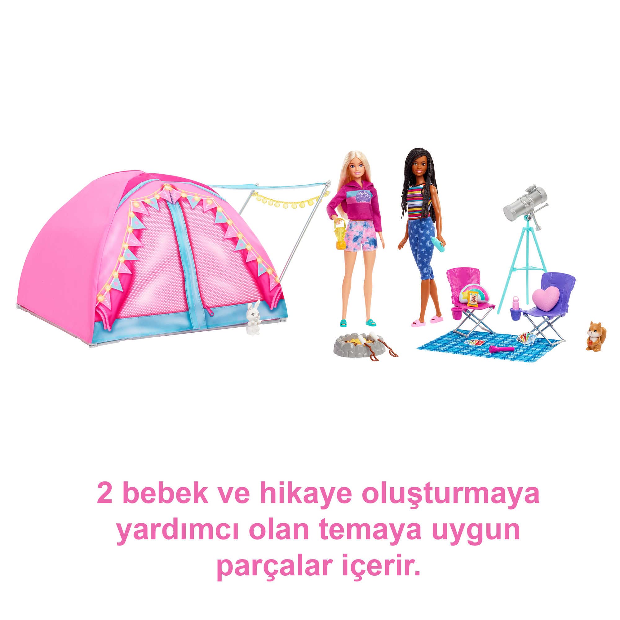 Barbie Malibu ve Brooklyn Kampta™ oyun seti 2 Barbie bebek, çadır ve aksesuarlarıyla It Takes Two™ kamp oyunu seti HGC18