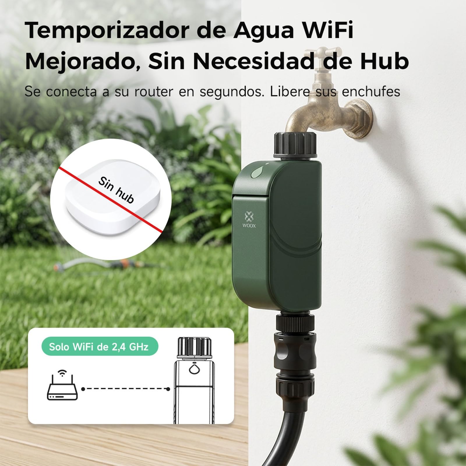 Woox Programador de Riego WiFi Inteligente, Sin Hub Requerido | 8 Programas de Riego, Wi-Fi 2,4 GHz, control vía app, Alexa/Google Assistant, IP65, Retardo por lluvia, Riego manual.