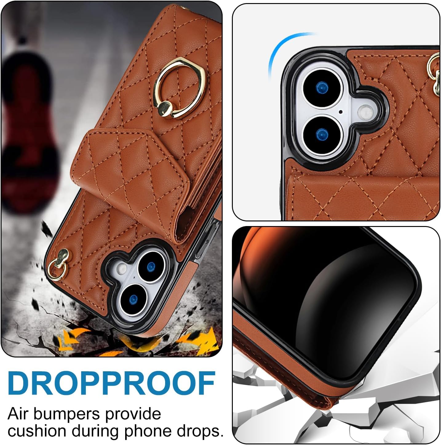 Asuwish Phone Case for iPhone 17 6.3 inch Wallet Cell Cover with Tempered Glass Screen Protector Crossbody Wrist Strap Ring Stand RFID Blocking Card Holder i Phone17 i17 17Case Women Men Girls Brown