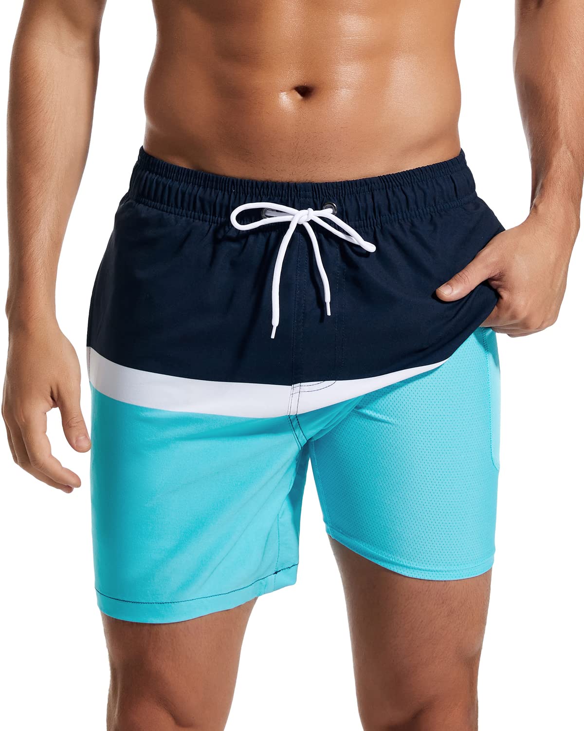 SILKWORLD Mens Swimming Trunks with Compression Liner and Zipper Pockets