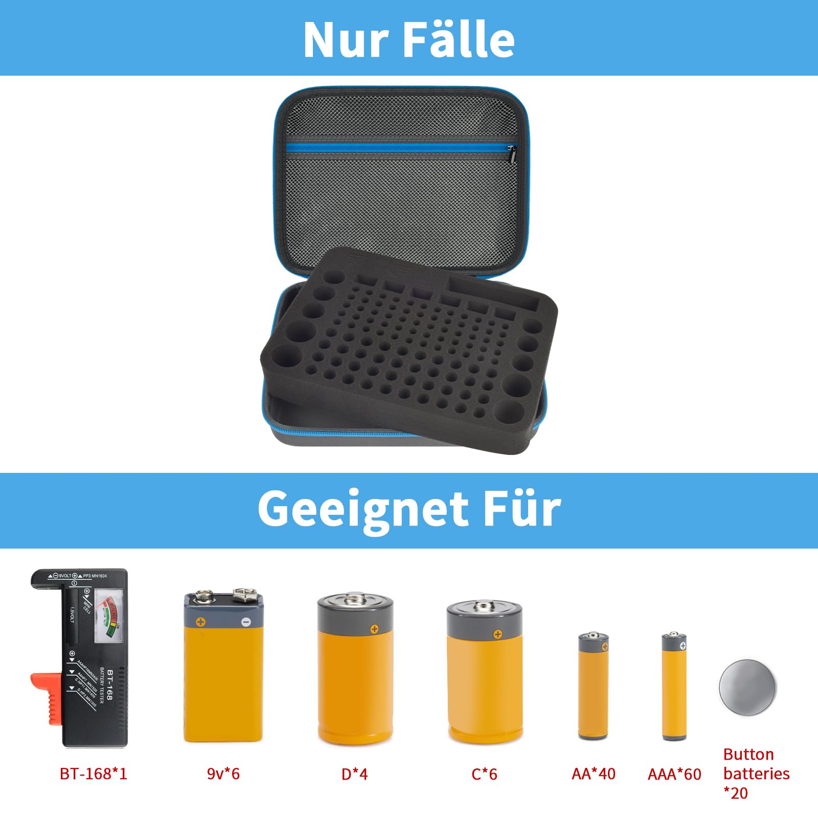Batterie Aufbewahrungsbox Box, Batteriekasten Koffer mit Batterietester BT-168, Batterie Organizer Hält 136+ Batterien AA AAA C D Cell 9V 3V Lithium - Grau(Nur Fall)