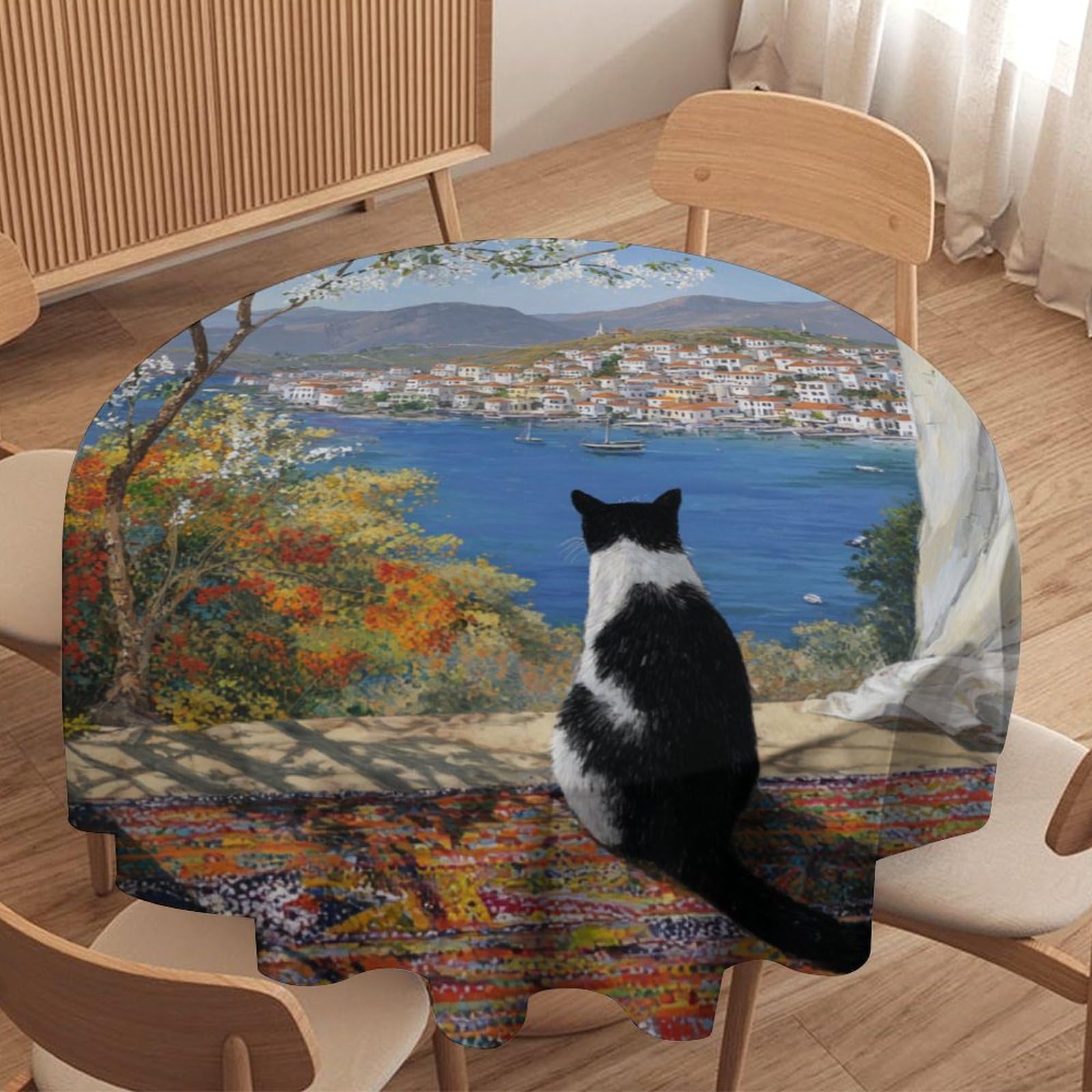 LUYYSKY Beautiful Rustic Cute Cat Round Tablecloth Modern Art Nautical Seaside White Flowers Animal Kitten Washable Decor for Table Cover for Kitchen-177.8" Wx177.8 L cm