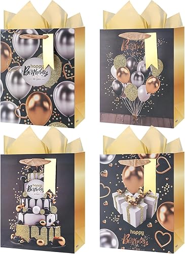 lilymelon Paquete de 4 bolsas grandes de regalo de cumpleaños de 13 pulgadas para fiesta de cumpleaños con papel de seda (negrodorado)