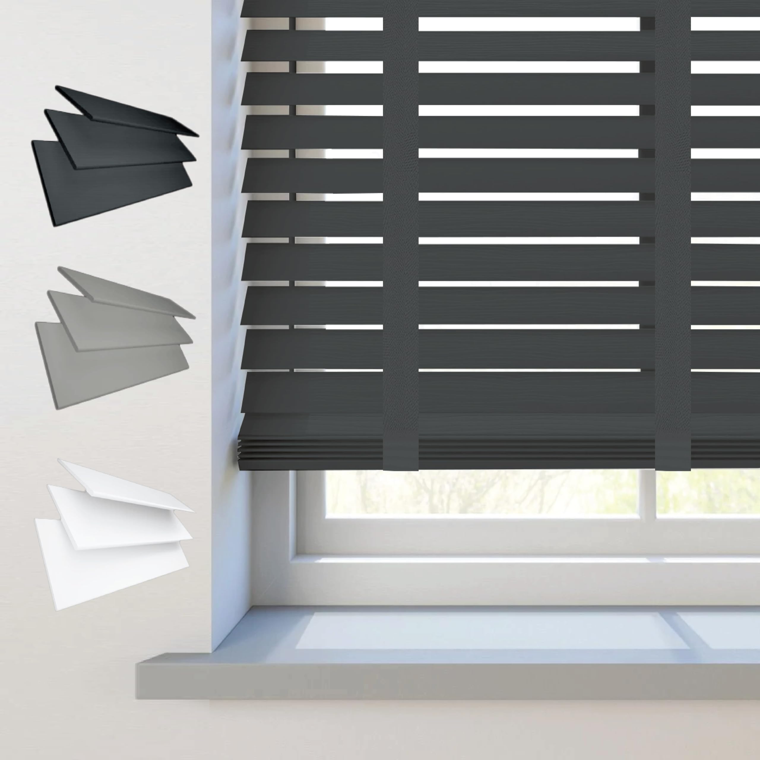 REHAN & CO Faux wood window Venetian Blinds 50mm Slats with String/Tape Blinds Aluminium Headrail Trimmable Child Safe Home Office Window Blind (Charcoal Tape,114Wcm x 213Hcm)