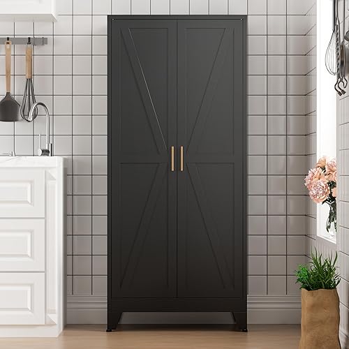 Miniatura 9 de COFaR Armario Negro de Almacenamiento de Despensa de Cocina Estilo Granja con 2 Puertas de Granero, 3 Estantes Ajustables y Patas, para