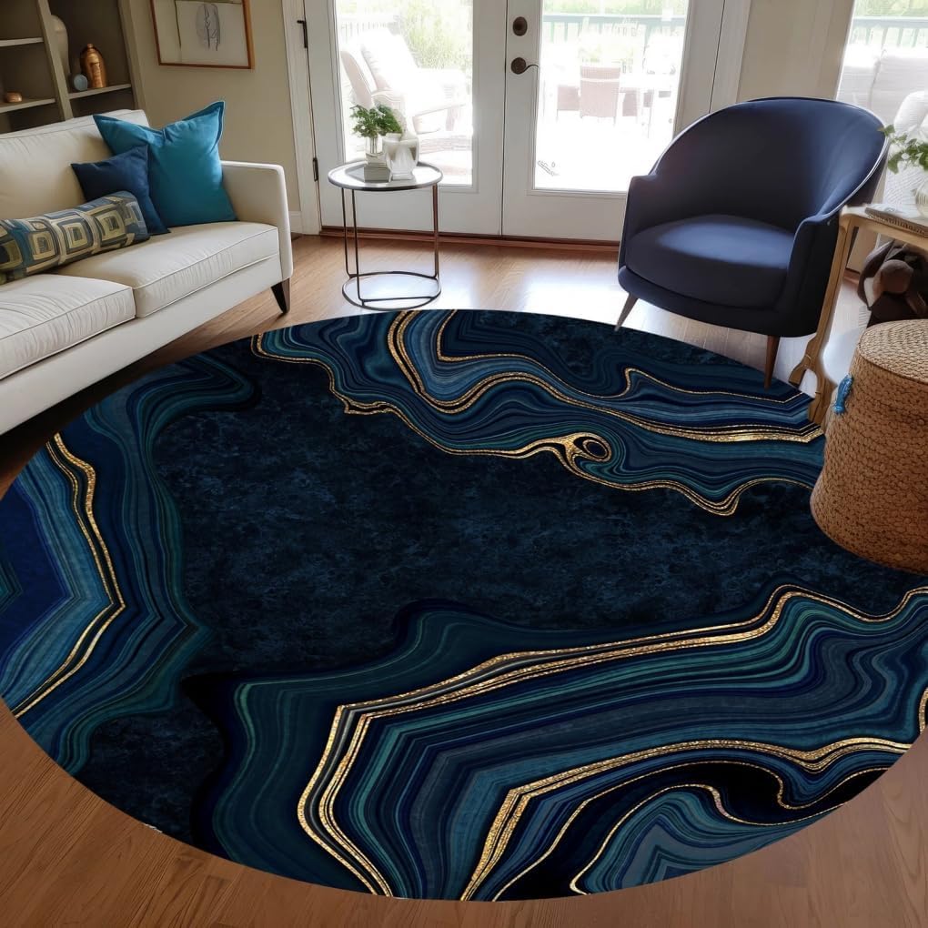 Navy Gold Modern Abstract Striped Texture Round Area Rugs 5ft Aesthetic Deco Circular Carpet for Living Room Guestroom Bedroom Washable Soft Circle