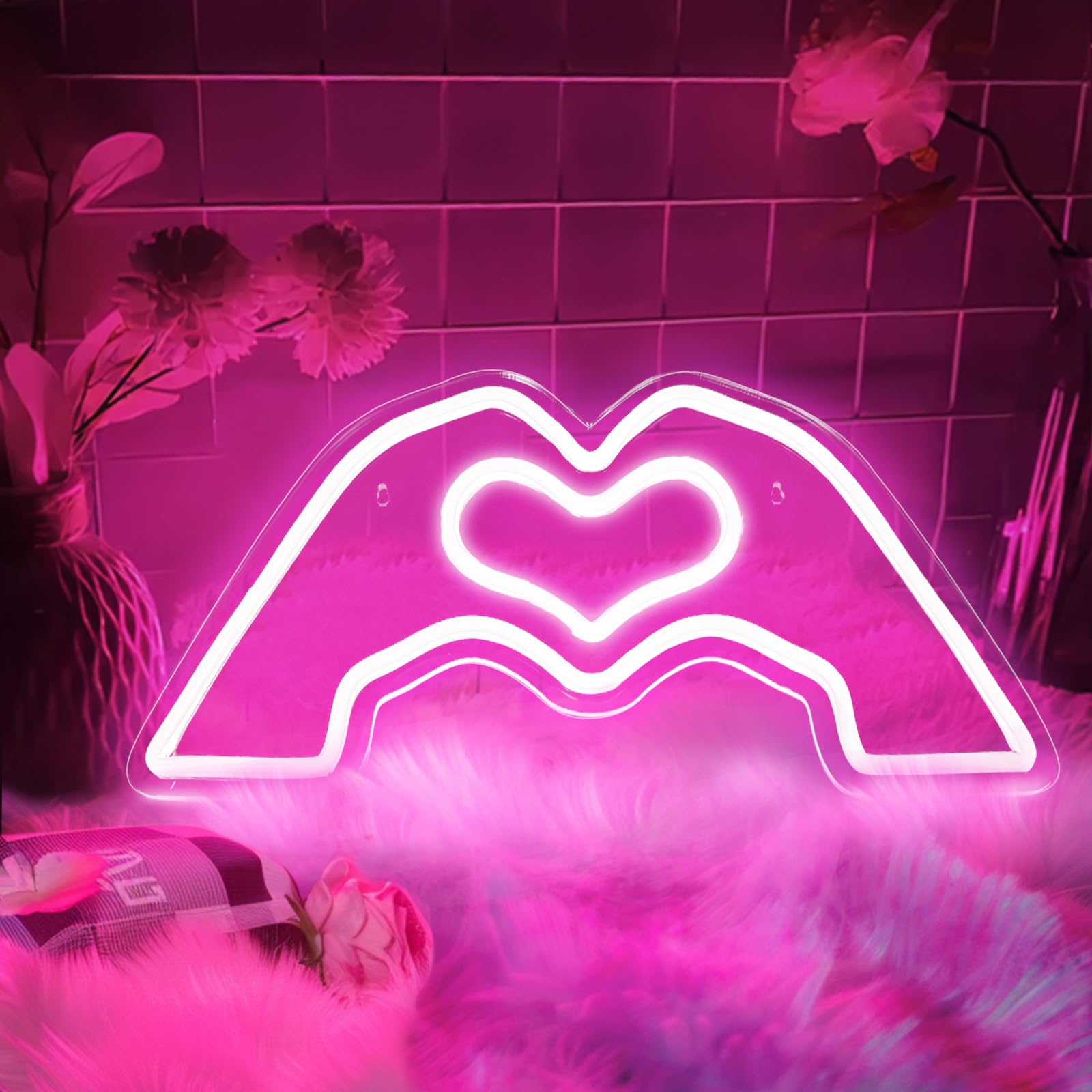 Heart Hands Neon Sign, Pin/k Neon Signs Lights Led Love Finger Neons Sign Wall Art Music Singer Fans Merch Decor Gifts with Dimmable USB Charge for Bedroom Game Room Bar Party, Birthday, Christmas