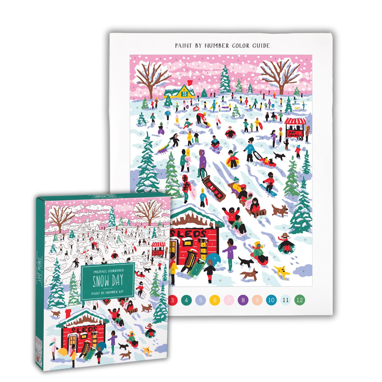Galison Michael Storrings Snow Day - DIY Paint by Number Kit with Stunning Snow Day Sledding Art for Beginners and Experts Includes Easel Paint and Brushes