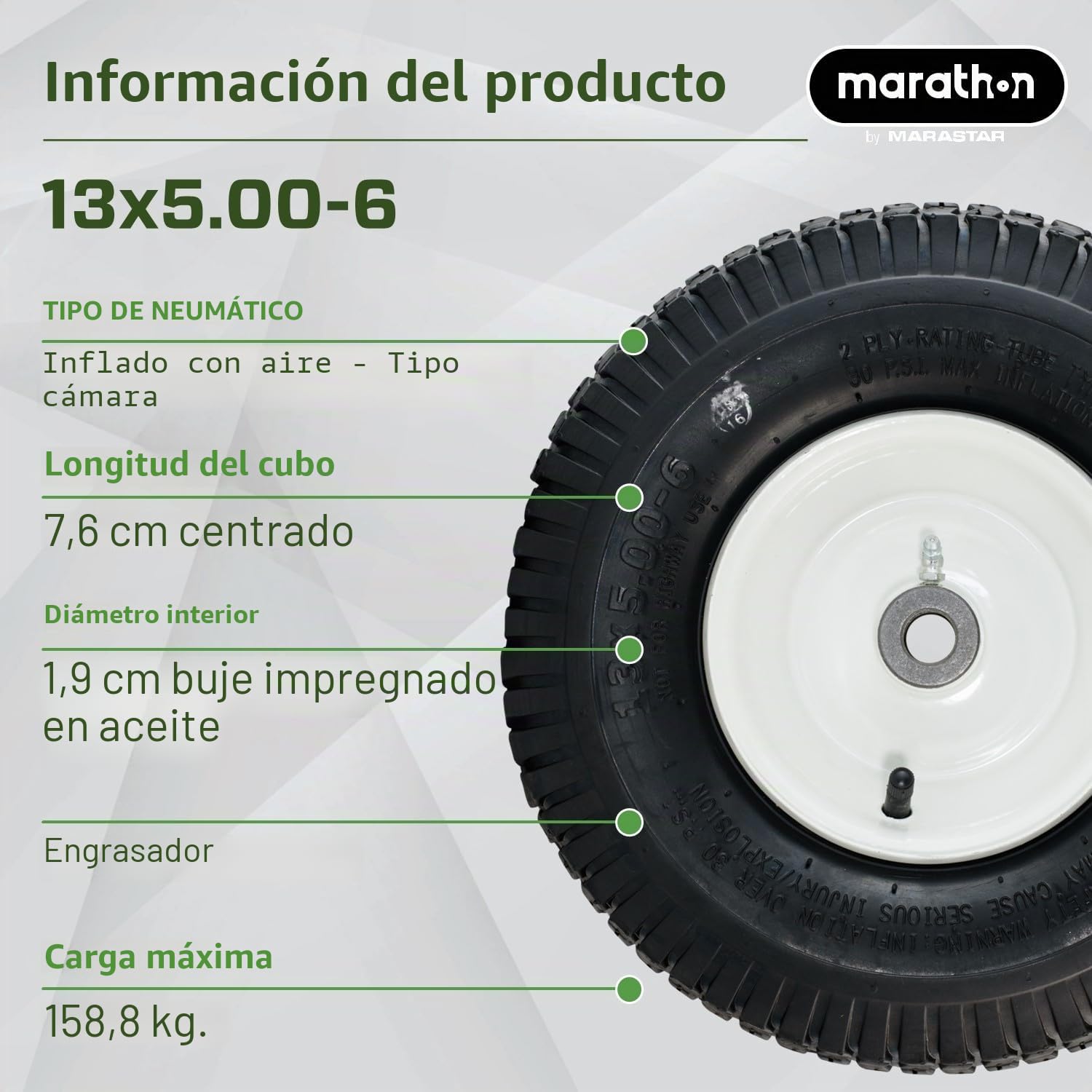 Marathon 20336 Neumático para cortacésped (relleno de aire) neumático de 13 x 5-15 cm