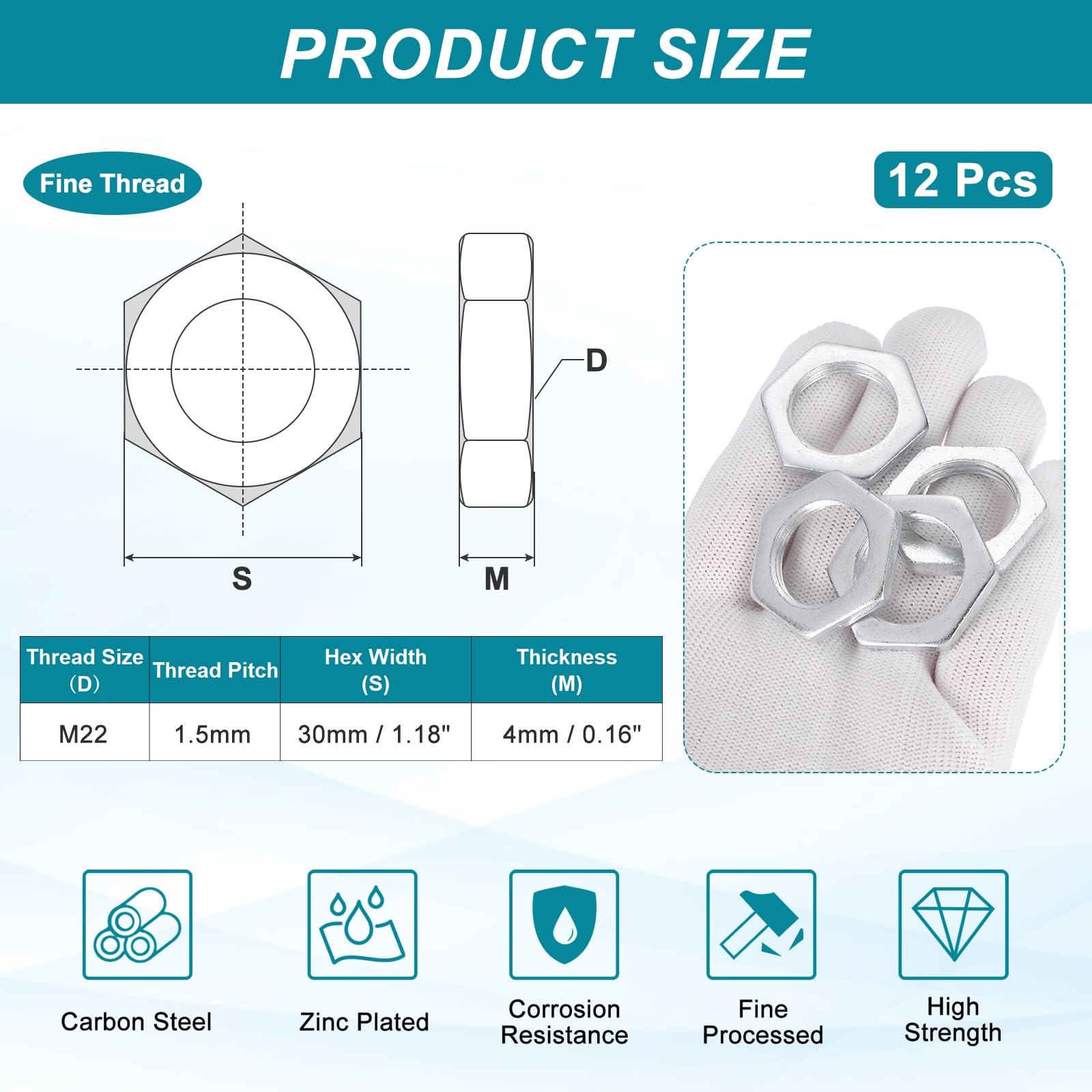 PATIKIL M22x1.5x4mm Steel Hex Nuts - Image 2