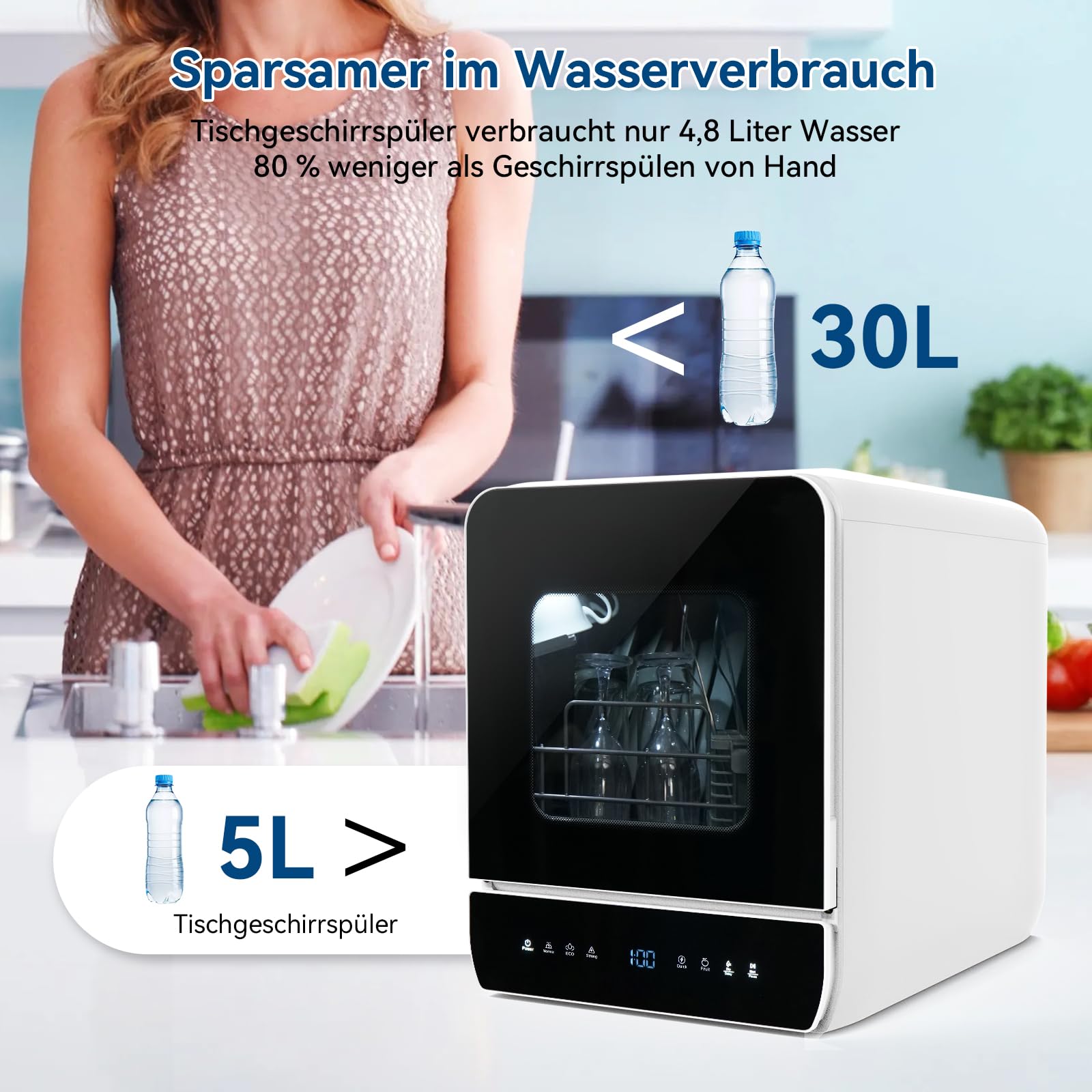 Mini Geschirrspüler 3 Gedecke Tischgeschirrspüler 7 Programme Trocknungsfunktion Spülmaschine 4.8L Touch Control