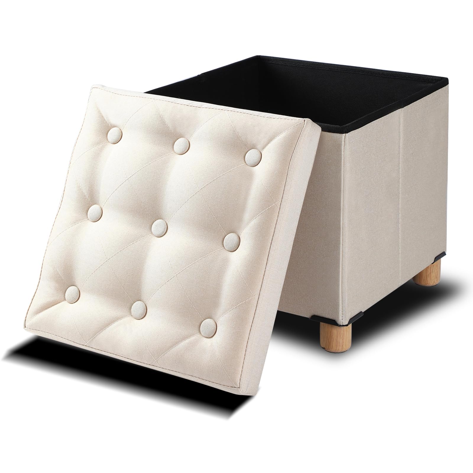 15 Inches Cube Storage Ottoman with Legs, Foldable Foot Rest Stool, Small Square Storage Ottomans for Bedroom, Living Room Seat with Removable Lid, Home Furniture, Linen White
