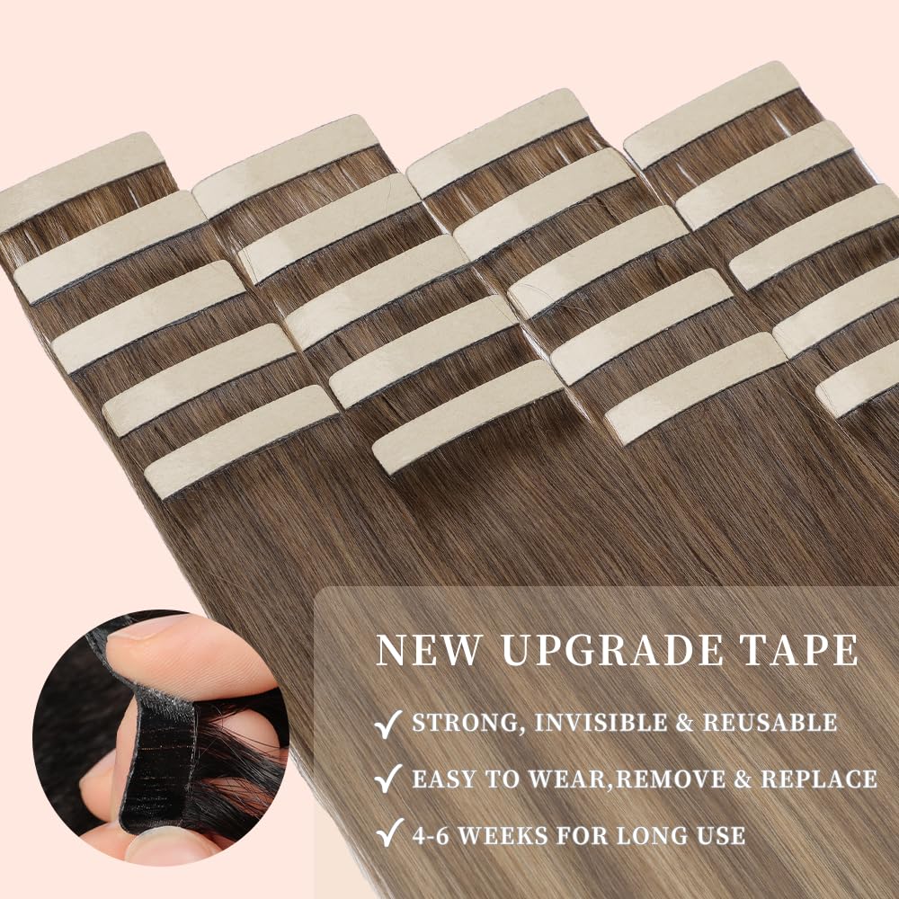 YDDM Tape Extensions Echthaar Goldbraun 40pcs 50cm 100g Schokoladenbraun mit Karamellblond Remy Invisible Tape in Extensions Echthaar Seidig Gerade Tapes Ins Haarverlängerung(20Zoll,4/4/27#)