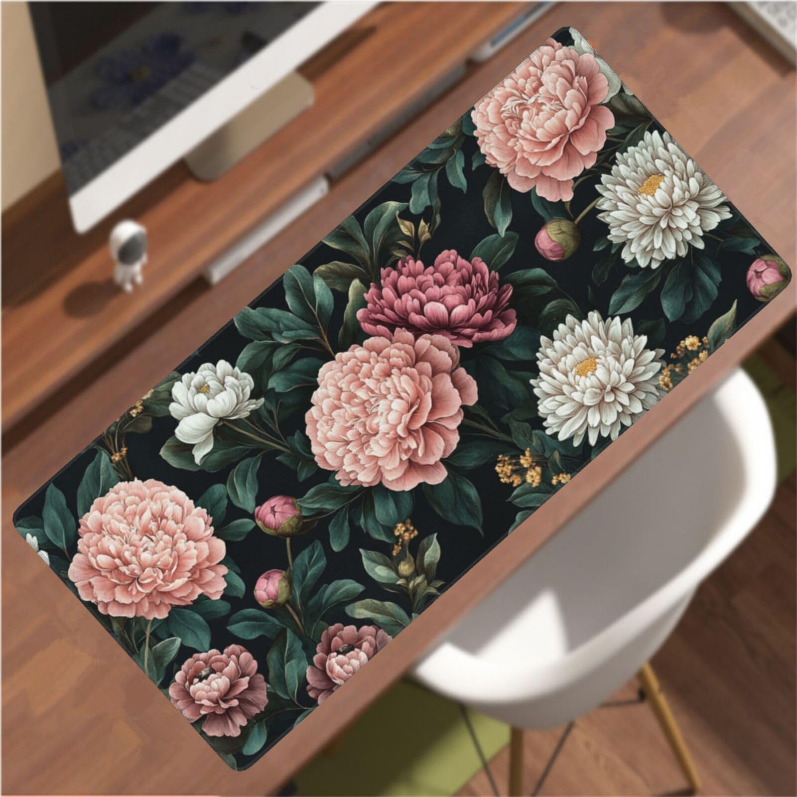 Tappetino Mouse XXL Fiori & Peonia, 100 x 50 cm Tappetino da Scrivania G435 | Tappetino per Mouse, Base in Gomma Antiscivolo, Superficie Impermeabile, Bordi Cuciti, Tappetino Scrivania per Ufficio, Gioco