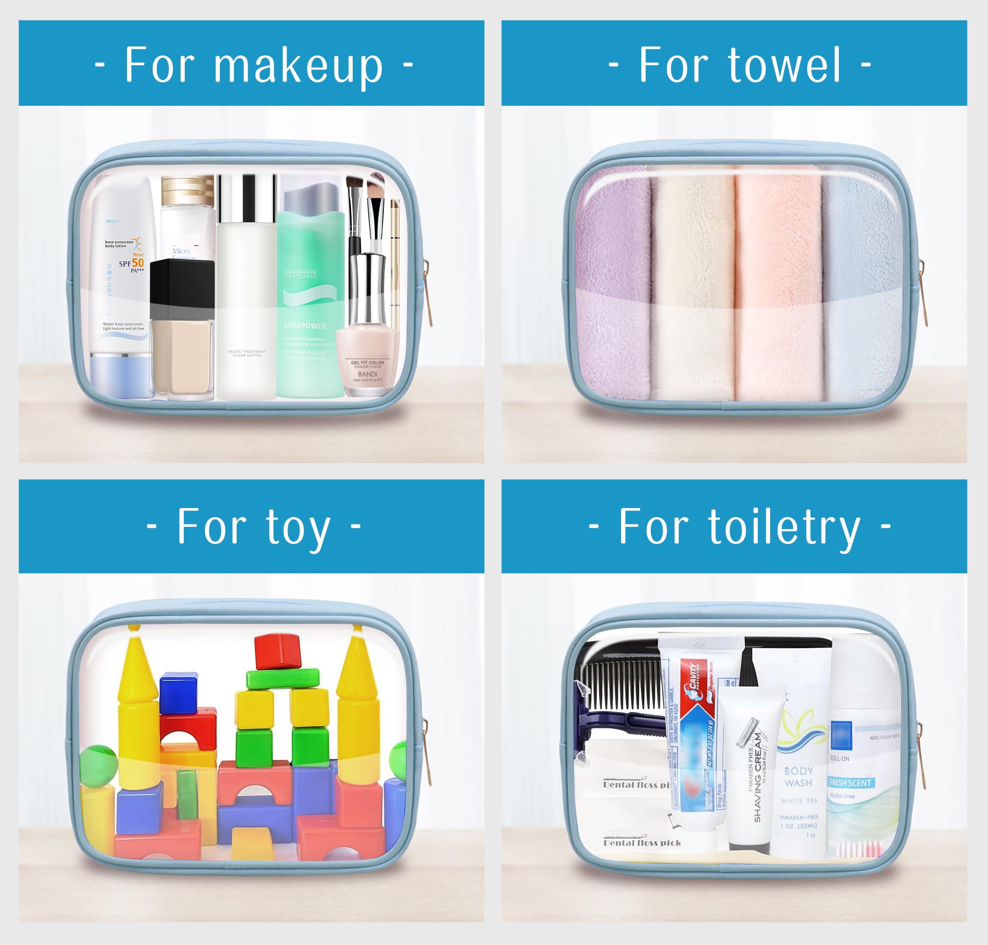 TSA - Neceser transparente para maquillaje y artículos esenciales de viaje, para hombres y mujeres, 2 unidades, Azul