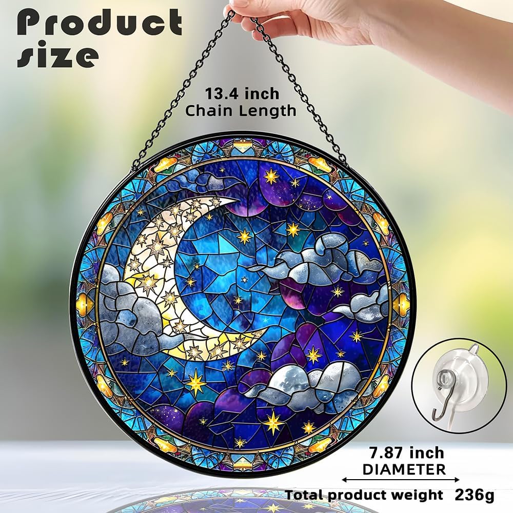 Moon Suncatcher Stained Glass Window Hanging Decor-Celestial Night Sky Design for Indoor Windows, Bedroom or Living Room, Unique Gift for Women, Housewarming, New Home and Spiritual Space Decoration