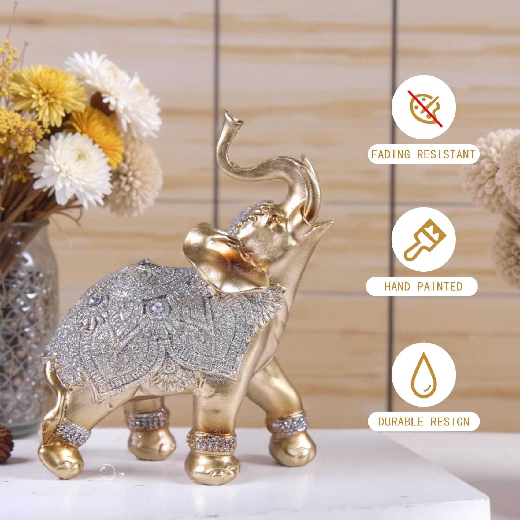 Juego de figuras decorativas de elefante, oro y plata, 21 cm de altura, diseño de mandala con purpurina