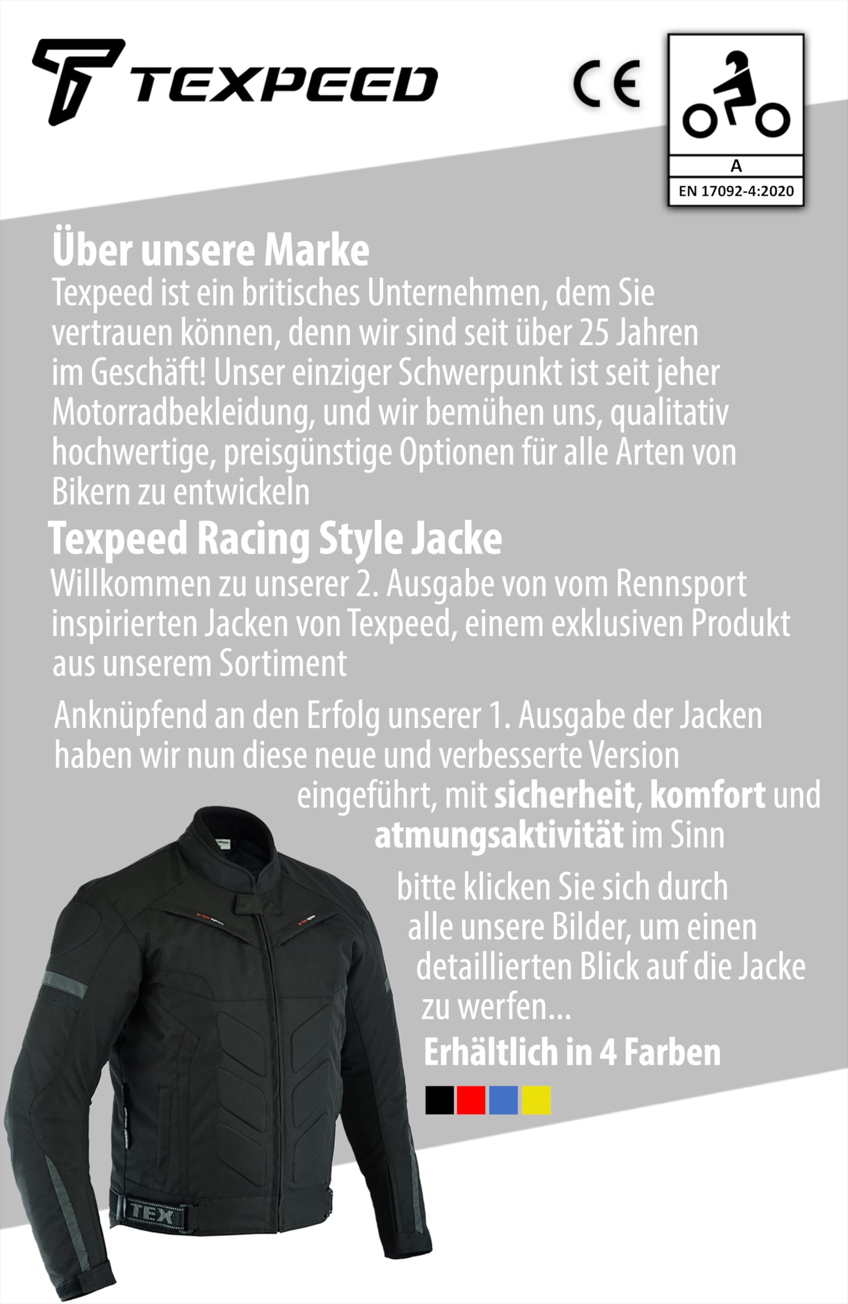Texpeed Motorradjacke herren mit protektoren - Motorrad Biker Wasserdicht Jacke Mit Rüstung (EN 1621-1) Schwarz - L