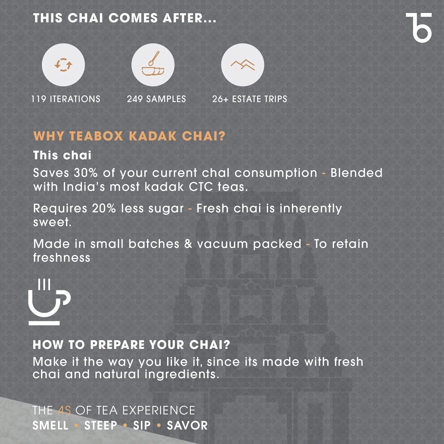 Teabox Fresh Kadak Chai 1 kg di confezione sigillata sottovuoto per freschezza, proviene dagli Estates of Assam & Dooars, forte e di alta qualità, richiede il 20% in meno di zucchero, sapore forte e