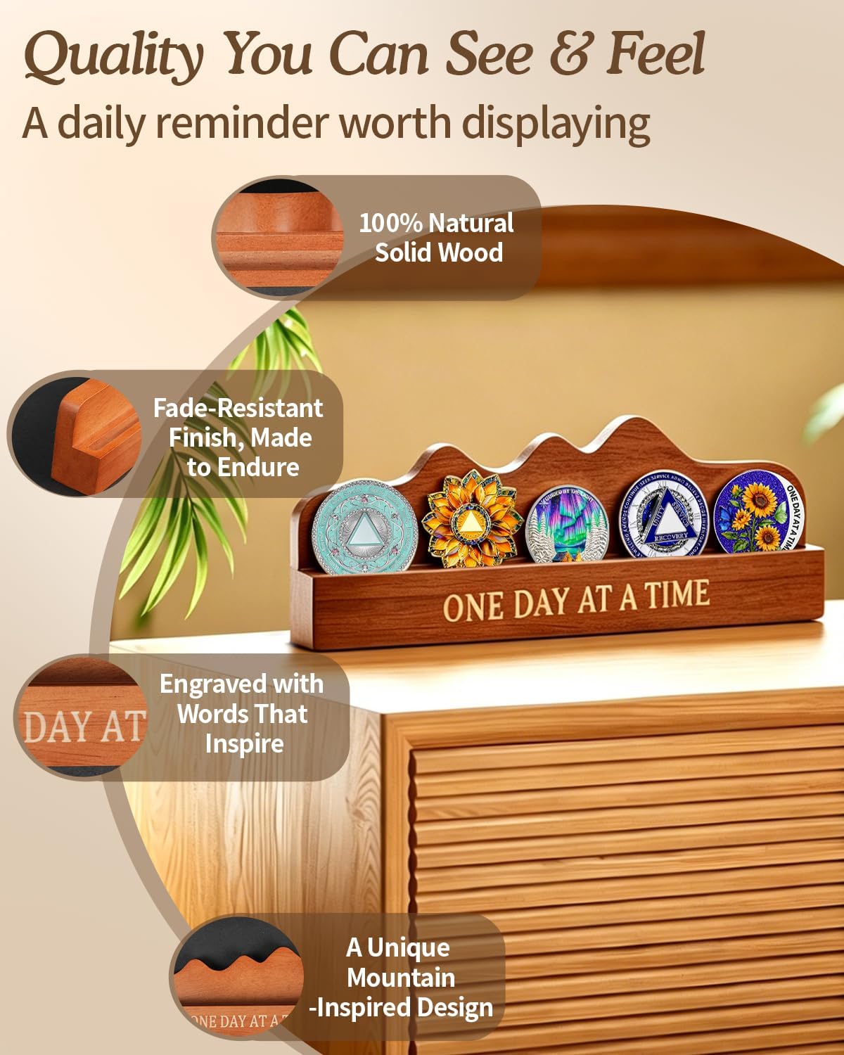 Solid Wood AA Coin Holder Display Holds 6 Recovery Chips | Sobriety Coin Holder Display, AA Chip Organizer, Recovery Milestone Display, Sponsor Appreciation, Sober Gift for Women & Men