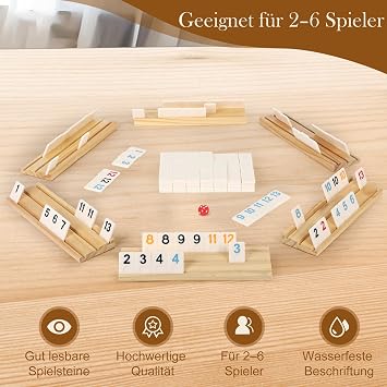 SOOPOTAY Rummy Cup Board Game For 2-6 Players - 160 Melamine Tiles, 6 Wooden Holders, Premium Case & Bag - Travel Game for Adults